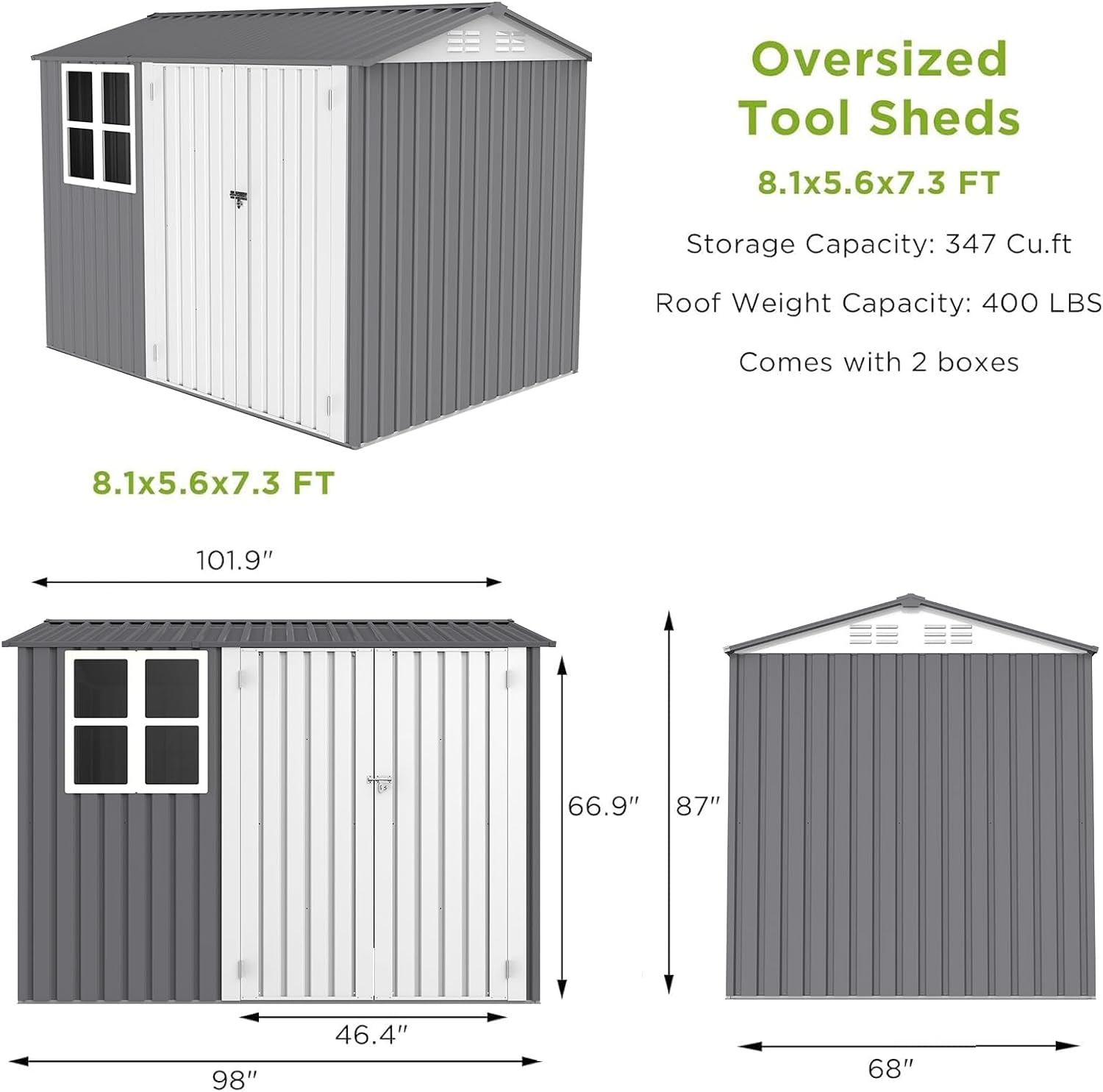 Ball & Cast 6x8 FT Storage Shed, Garden Metal Shed with Window and Sloping Roof,Outdoor Shed with Double Lockable Doors for Backyard Patio Lawn, Grey
