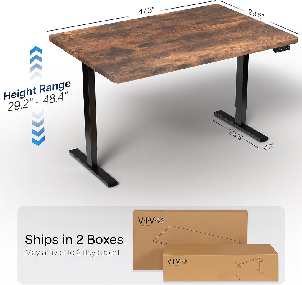 VIVO Electric 48 x 30 in Rustic Standing Desk, Memory Height Adjustment, 1B Series, Holds 220 lbs, One-Piece Vintage Brown Top, Black Frame, DESK-KIT-1B5N