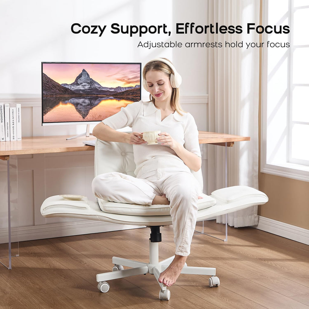 amseatec Criss Cross Office Chair, PU Leather Vanity Chair with 5-Level Adjustable Armrests & Swivel, Ergonomic Criss Cross Chair for Home Office Bedroom Makeup（White）