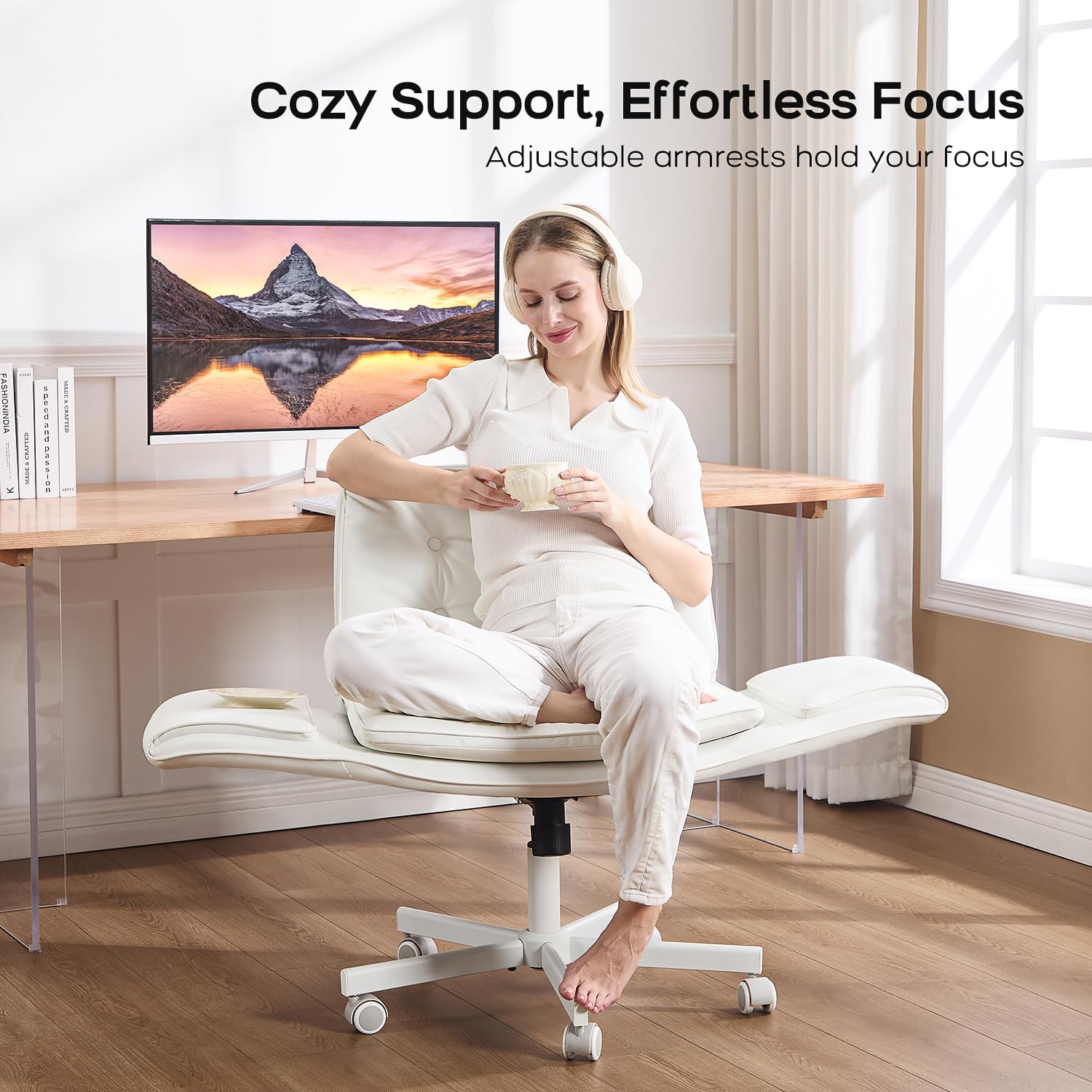 amseatec Criss Cross Office Chair, PU Leather Vanity Chair with 5-Level Adjustable Armrests & Swivel, Ergonomic Criss Cross Chair for Home Office Bedroom Makeup（White）