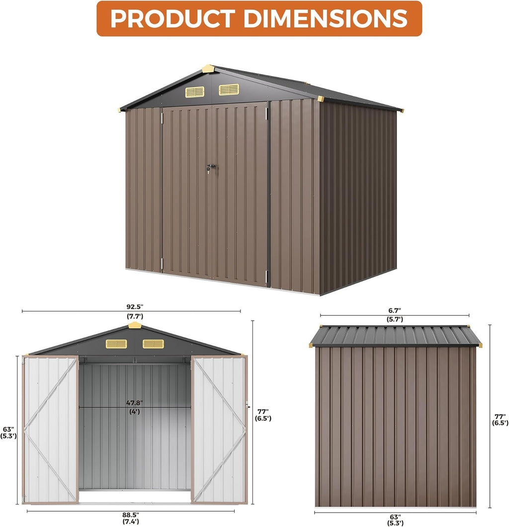 IRONCK 8x6FT Outdoor Storage Shed with Lockable Doors, 7.4x5.3FT Base Galvanized Steel Metal Garden Tool Shed with Breathable Vent for Yard Bins/Generator/Wheelbarrow Storage, Brown
