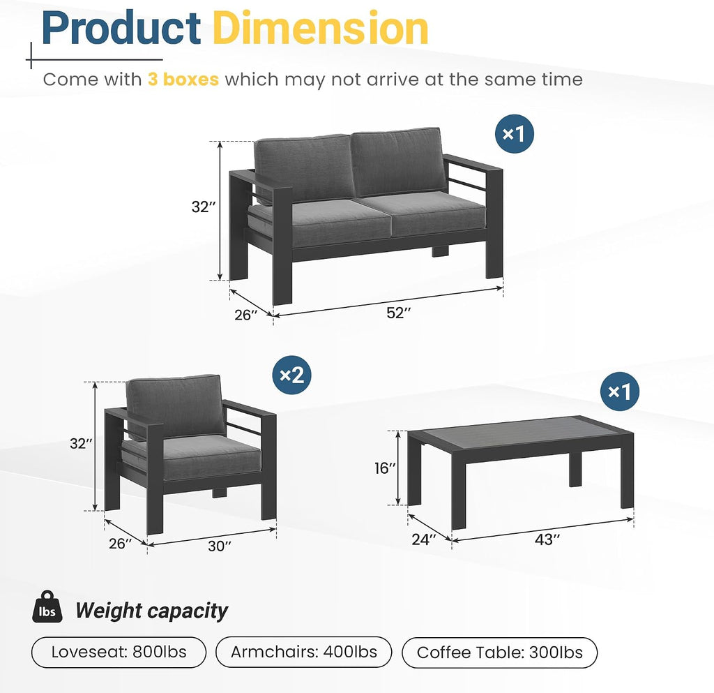 Solaste Aluminum Patio Furniture Set for All Weather, Oversized Metal Outdoor Furniture Set with 27.5' Deep Seating and 3.2' Wide Armrest, Outdoor Patio Conversation Sets with 10' Back Cushion, Gray