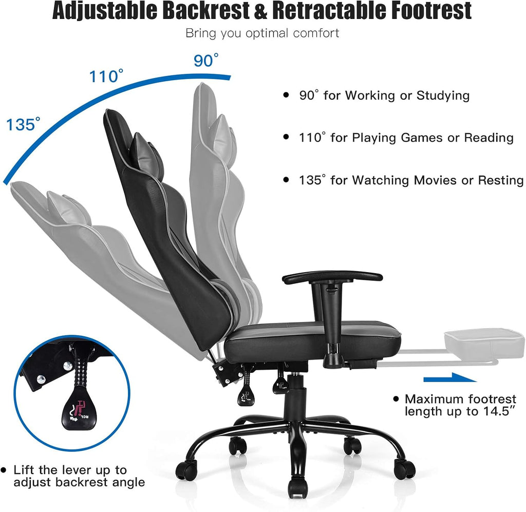 GYMAX Gaming Chair, High Back Computer Gaming Chair with Adjustable Armrests & Massage Lumbar Support, Swivel Ergonomic Reclining Office Chair (Black)