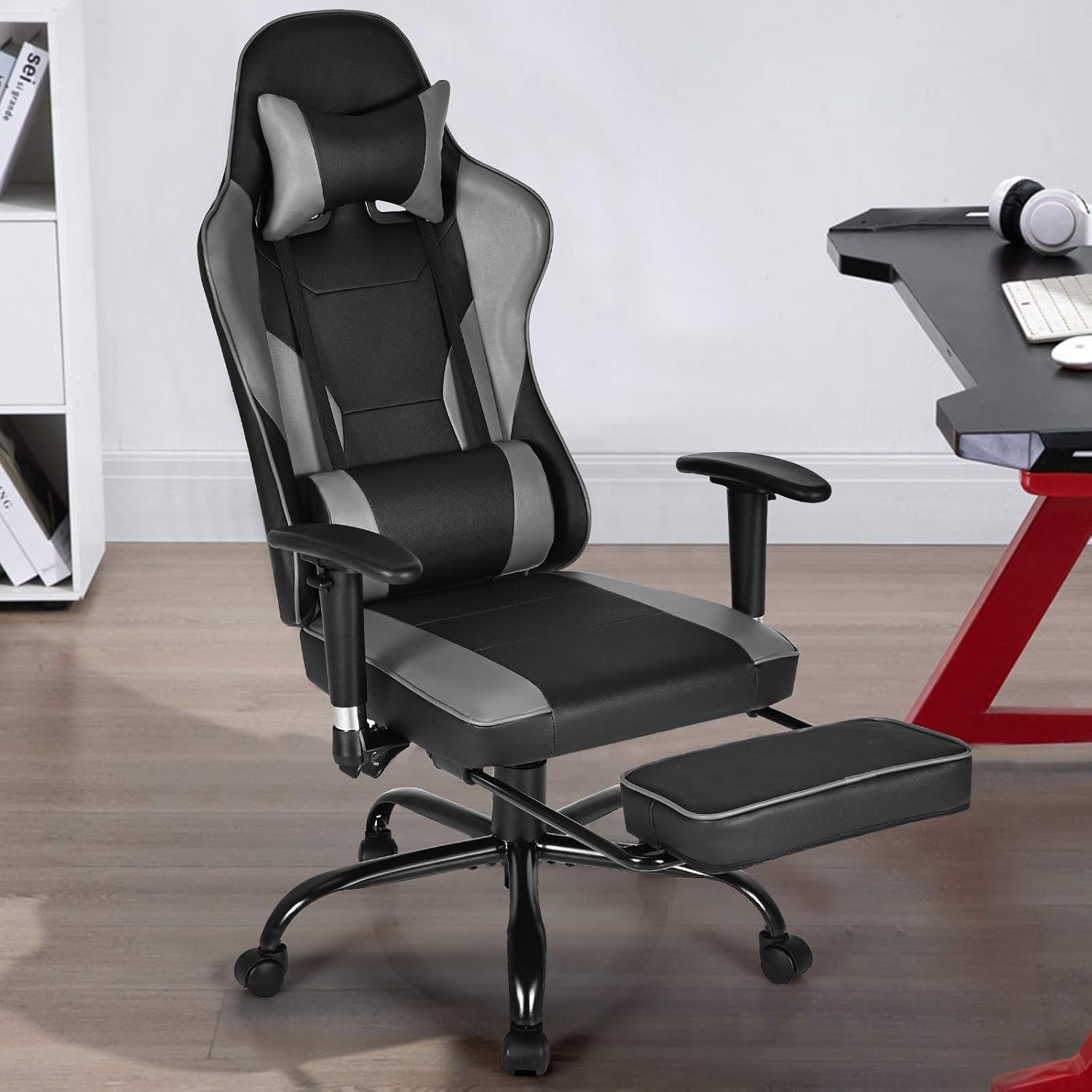 GYMAX Gaming Chair, High Back Computer Gaming Chair with Adjustable Armrests & Massage Lumbar Support, Swivel Ergonomic Reclining Office Chair (Black)