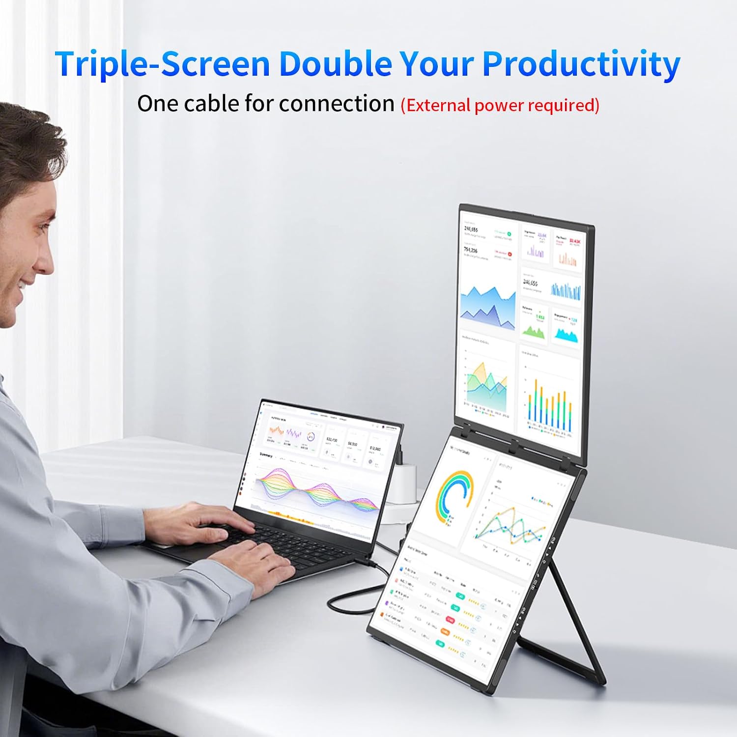 MAGICRAVEN Portable Dual Monitor for Laptop, Foldable Laptop Screen Extender, Plug & Play No Driver, 1080P FHD IPS Triple Screen for Travel & Office, Compatible with Mac, Windows -18.5'
