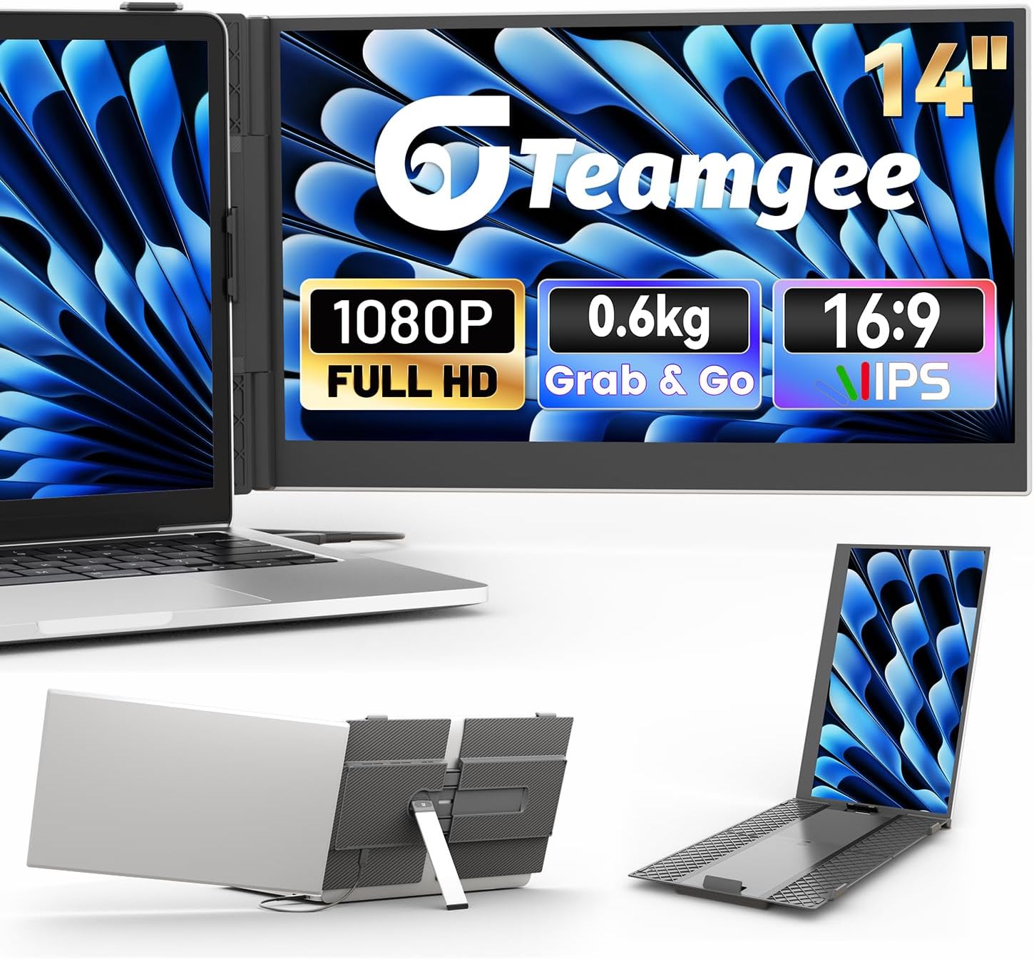 Teamgee 14' Laptop Screen Extender, FHD 1080P Portable Monitor, Ultra-Thin & Lightweight Second Display for Travel, Work, and Gaming, Plug & Play for Mac/Windows/Android/Dex