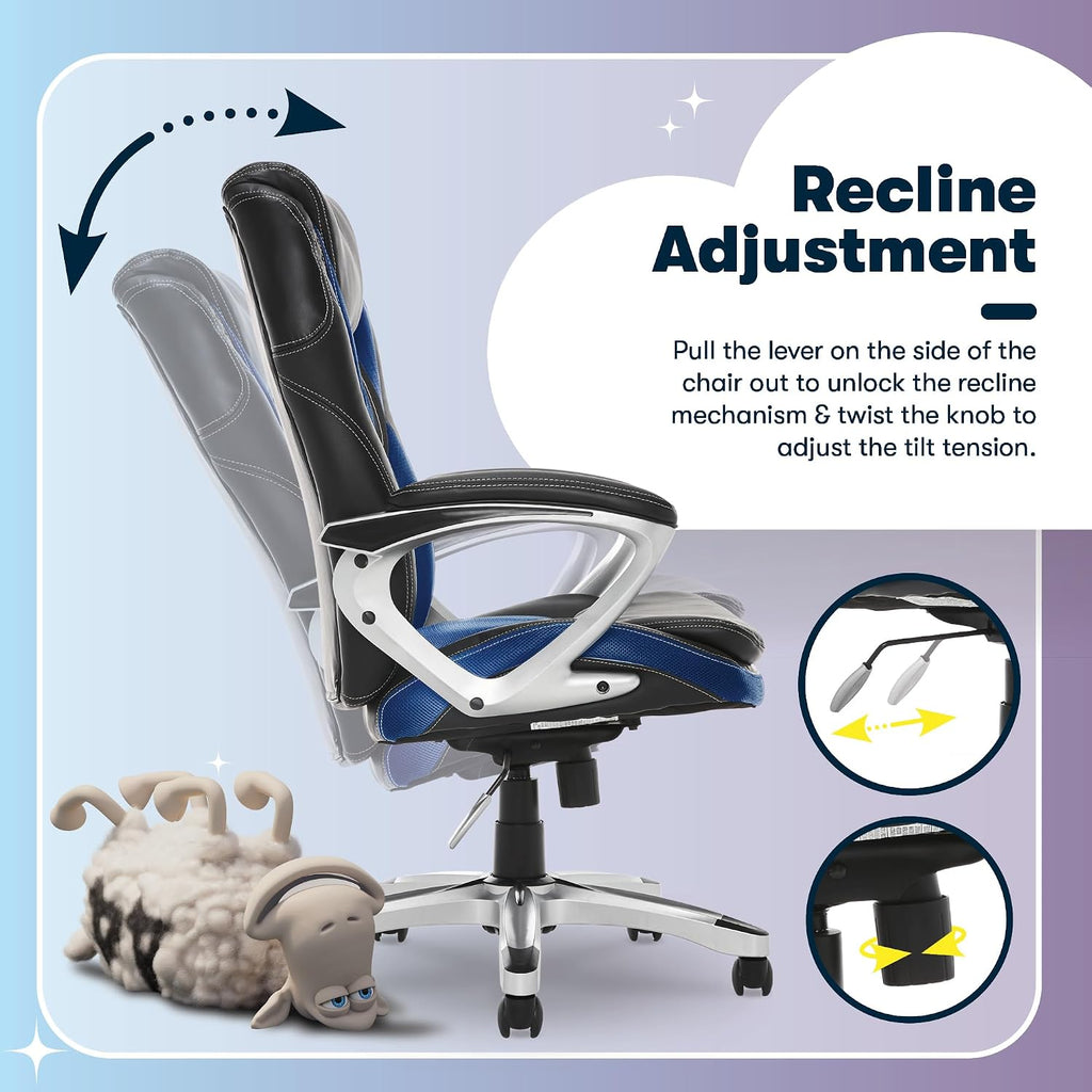 Serta Amplify Executive Office Chair with Faux Leather and Mesh, Adjustable Ergonomic Comfy Seat with Lumbar Support, Modern Computer DeskChairs, Swivel Rolling Wheels, Blue