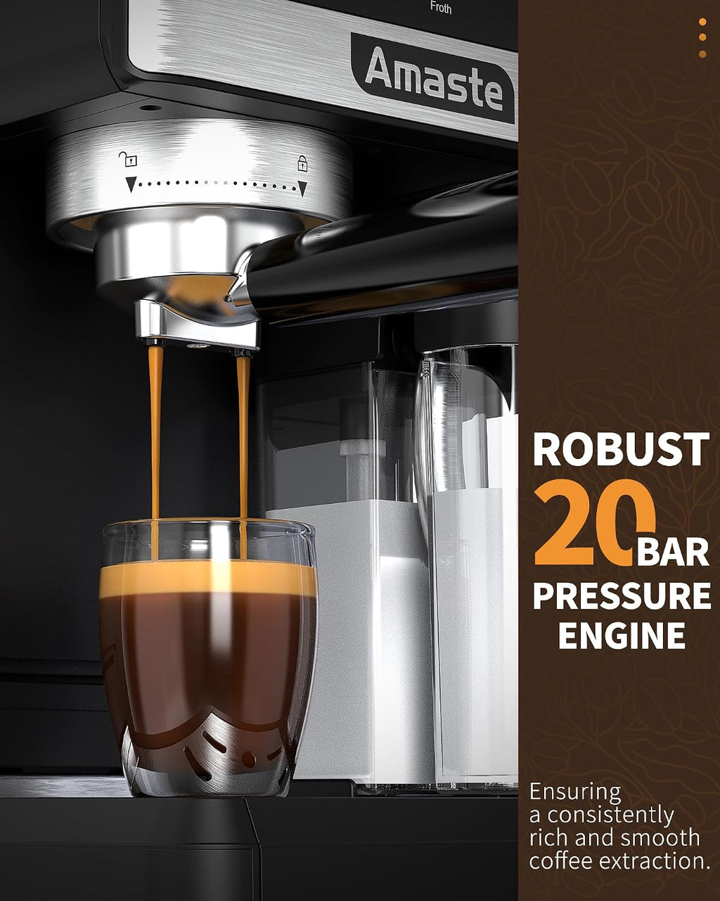 Amaste Espresso Machine, 20 Bar Cappuccino Machine With Touch Screen, Espresso Machine with Milk Frother for Home, 3-in-1 Latte Machine With Milk Tank for Espresso, Cappuccinos & Lattes, 1350W