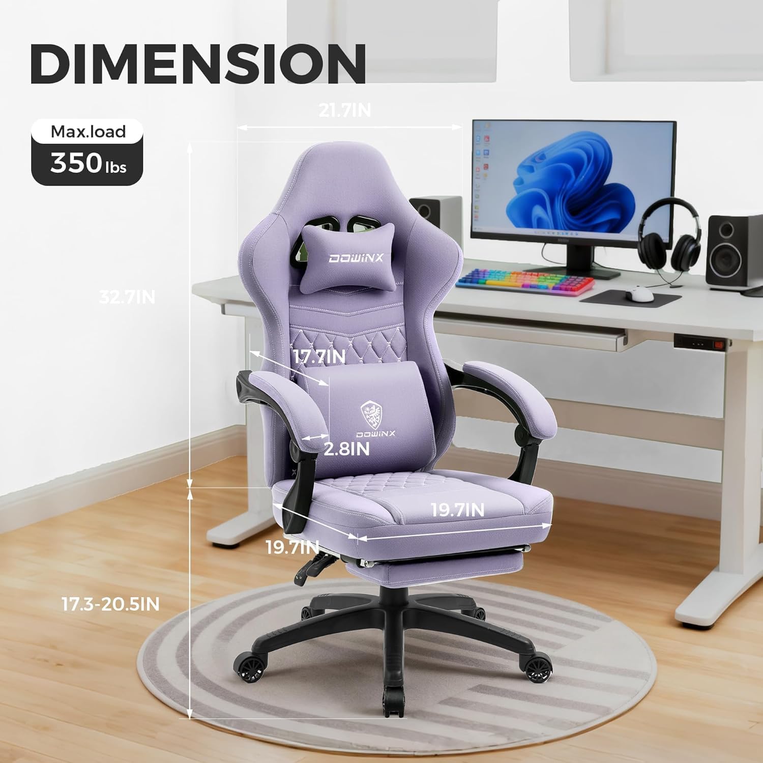 Dowinx Gaming Chair Breathable Fabric Game Chair with Gel Pad and Storage Bag, Comfortable Gamer Chair with Pocket Spring Cushion, Ergonomic Computer Chair with Footrest, Purple