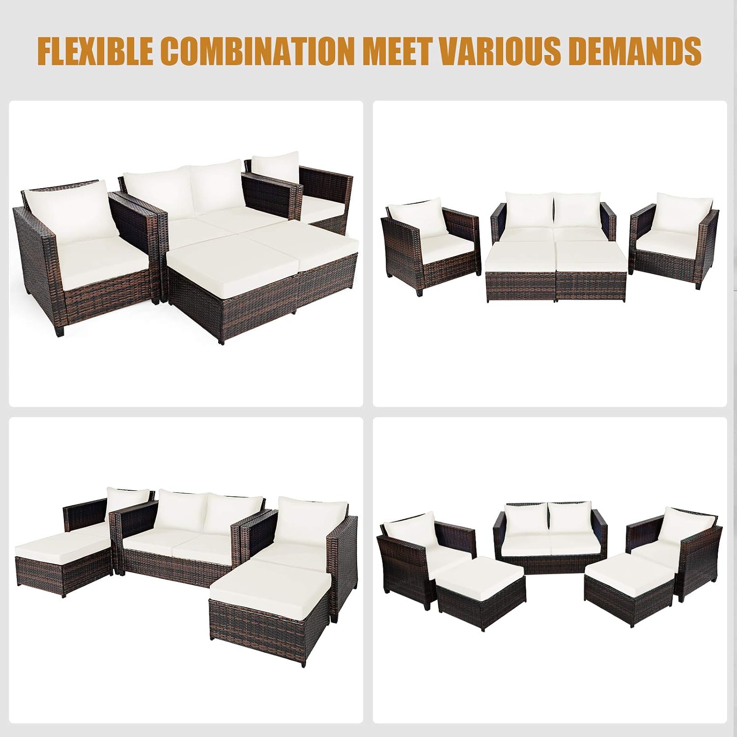 Tangkula 5 Pieces Rattan Patio Furniture Set, Outdoor Sectional Wicker Sofa Set with Loveseat, 2 Single Sofas, 2 Ottomans & Removable Cushion, Outside Daybed Sofa for Yard, Garden, Poolside, Off White