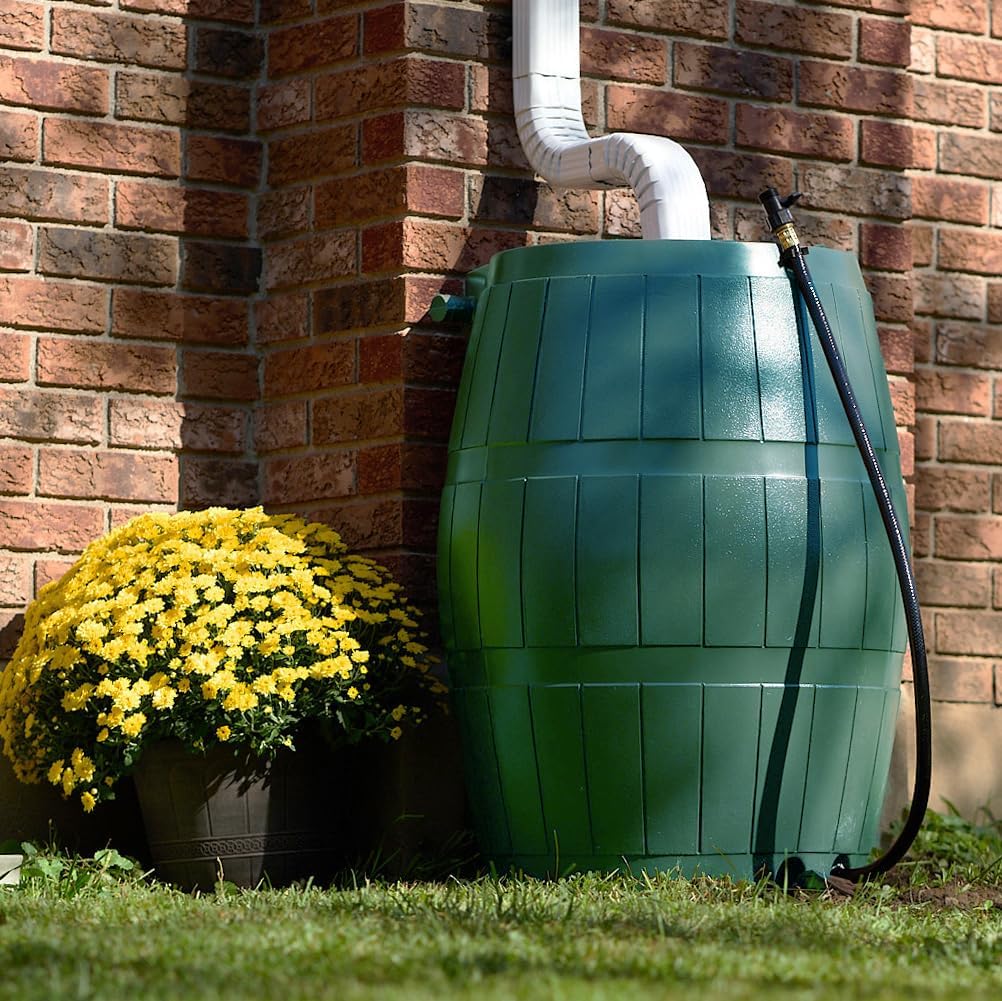 FCMP Outdoor Raincatcher 4000 Rain Barrel, Flat-Back Rainwater Catcher with Spigots, 50 Gallon, Green - Portable Water Storage Container Tank for Home, Garden, and Backyard