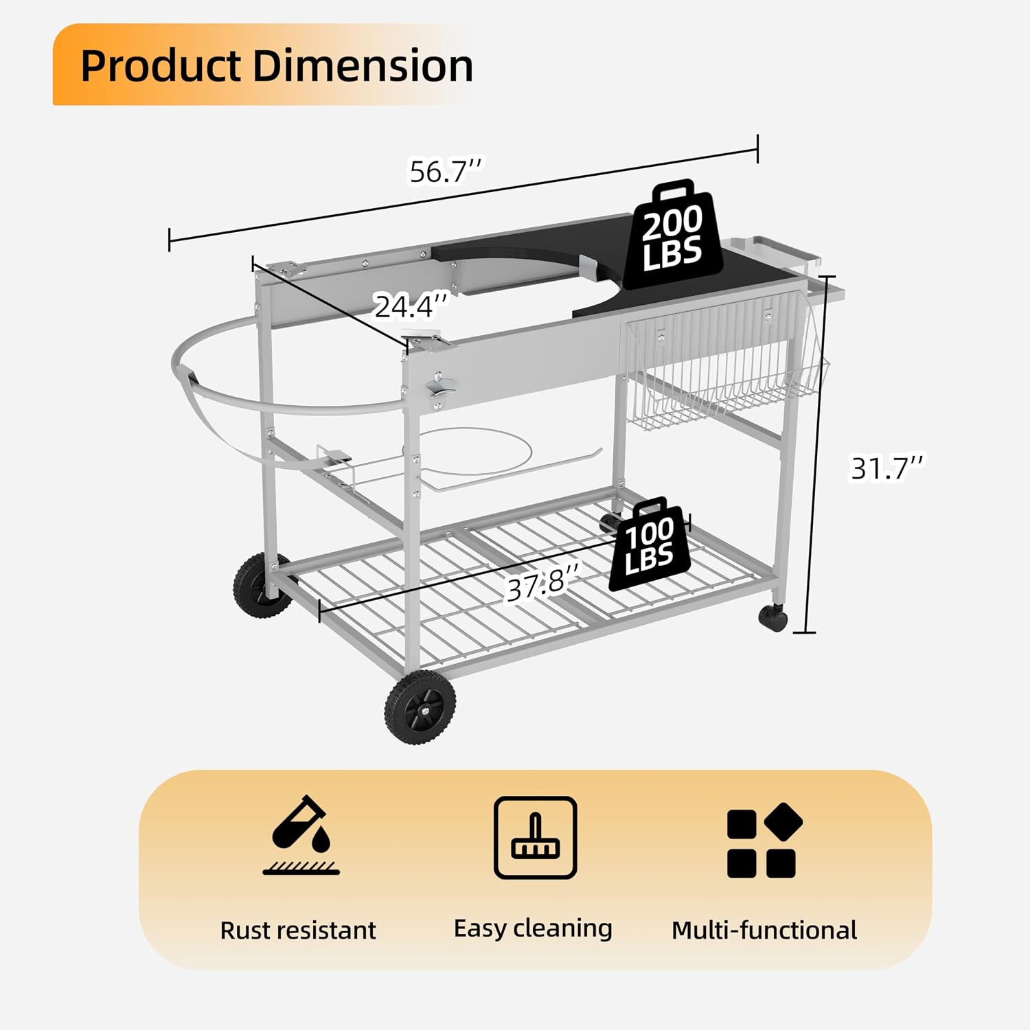 Vongrasig Grill Cart for Weber Kettle 18' & 22', Charcoal Grill Table, Outdoor Kitchen Island with Storage for Jumbo Joe,Master-Touch Charcoal Grill, Silver