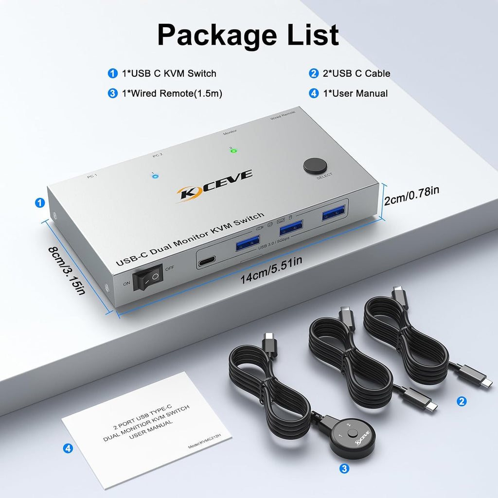 KVM Switch 2 Monitors 2 Laptops USB C,4K@60Hz USB C Dual Monitor KVM Switch for 2 Laptops Share 4 USB 3.0 Devices with 80W PD,Wired Remote and Cables Included