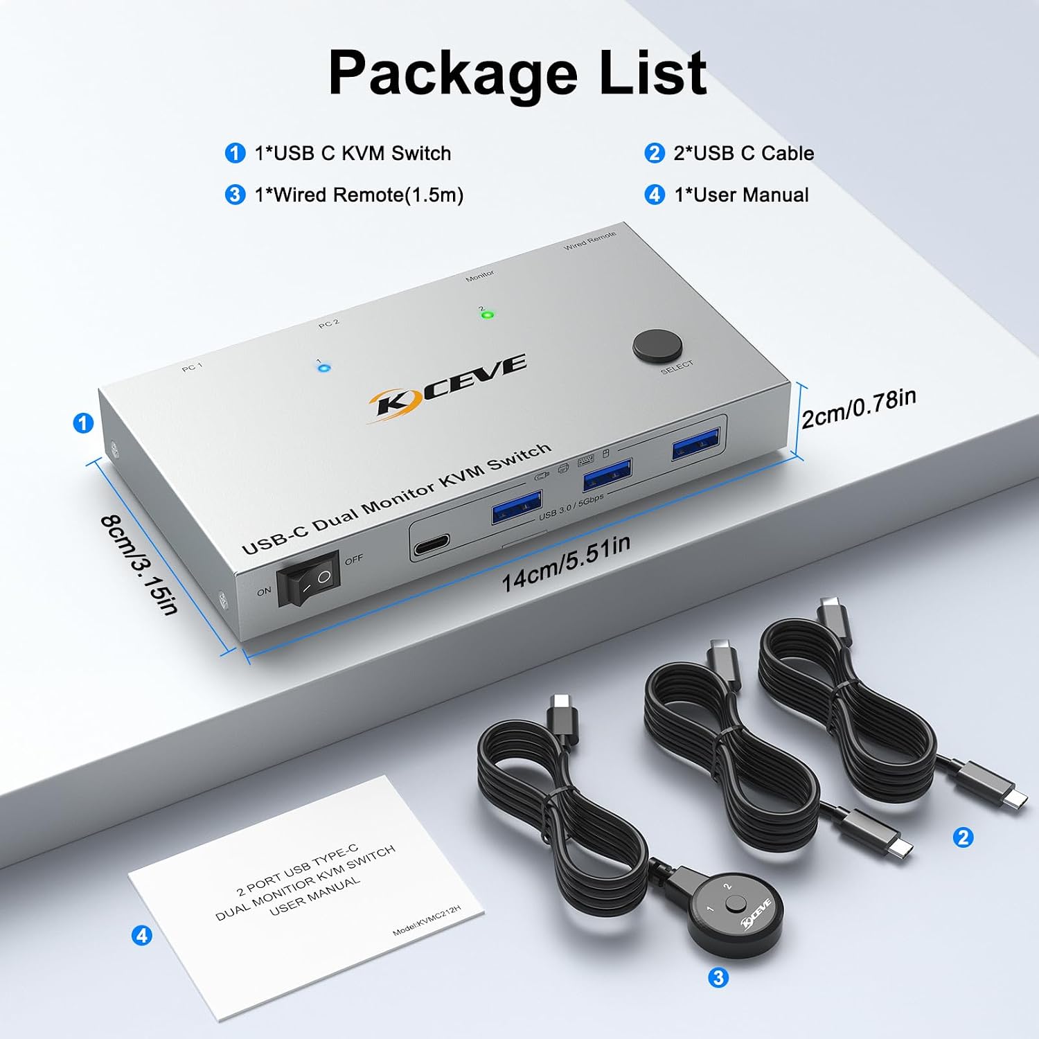 KVM Switch 2 Monitors 2 Laptops USB C,4K@60Hz USB C Dual Monitor KVM Switch for 2 Laptops Share 4 USB 3.0 Devices with 80W PD,Wired Remote and Cables Included