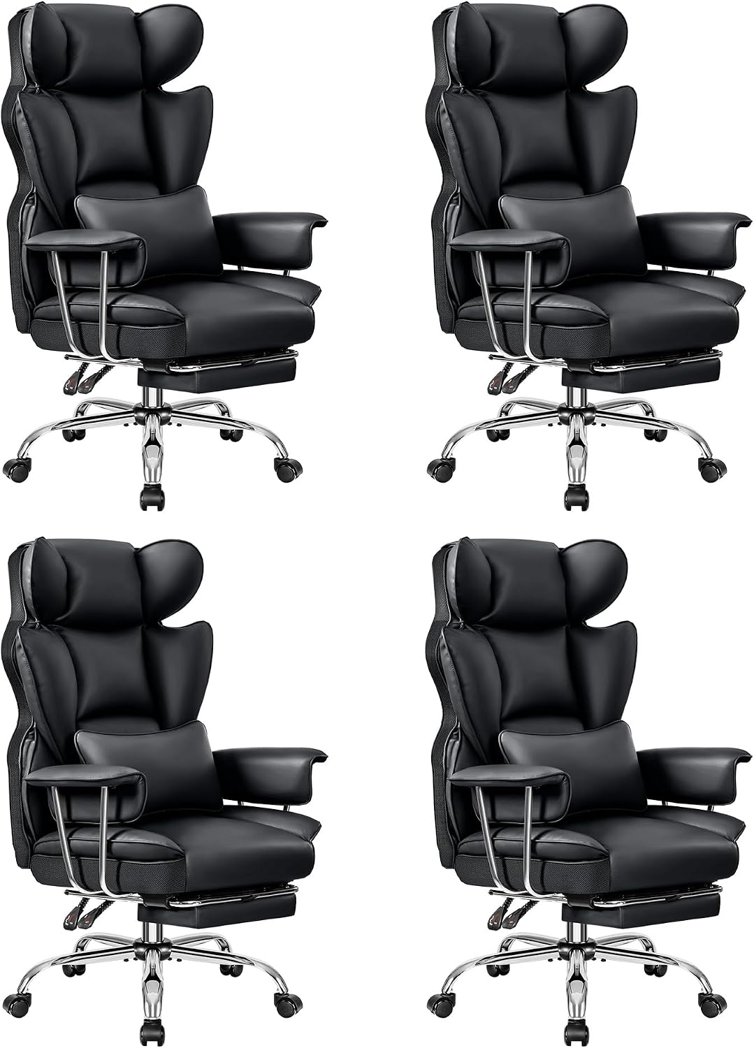 ALLGOD Big and Tall Ergonomic Office Chair with Footrest, High Back Executive Leather Office Chair, Reclining Computer Desk Chair, Comfy Heavy Duty Home Gaming Chair with Padded Arm, Black-4 Pack