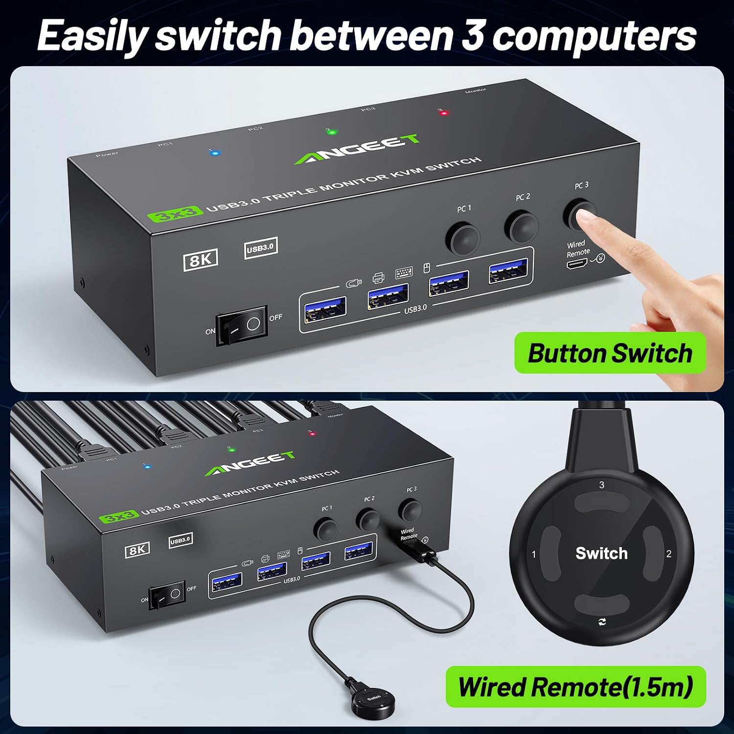 KVM Switch 3 Monitors 4 Computers 4K@60Hz,EDID Simulation,HDMI Displayport Triple Monitor KVM Switch,3 Monitor KVM with 4 USB 3.0 Ports for Keyboard Mouse, Wired Remote and 4 USB3.0 Cables Included