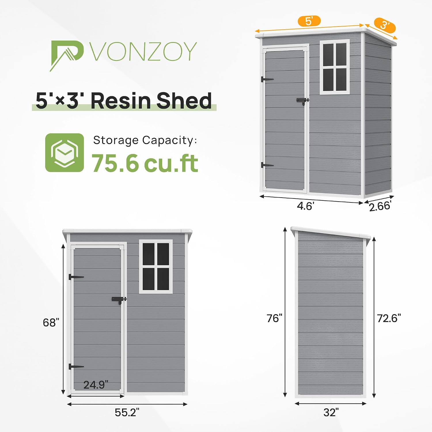 Outdoor Plastic Storage Shed with Floor, 5x3 FT Waterproof Resin Shed with Lockable Door & Window for Bike, Garbage Can, Lawn Mower, Grey White