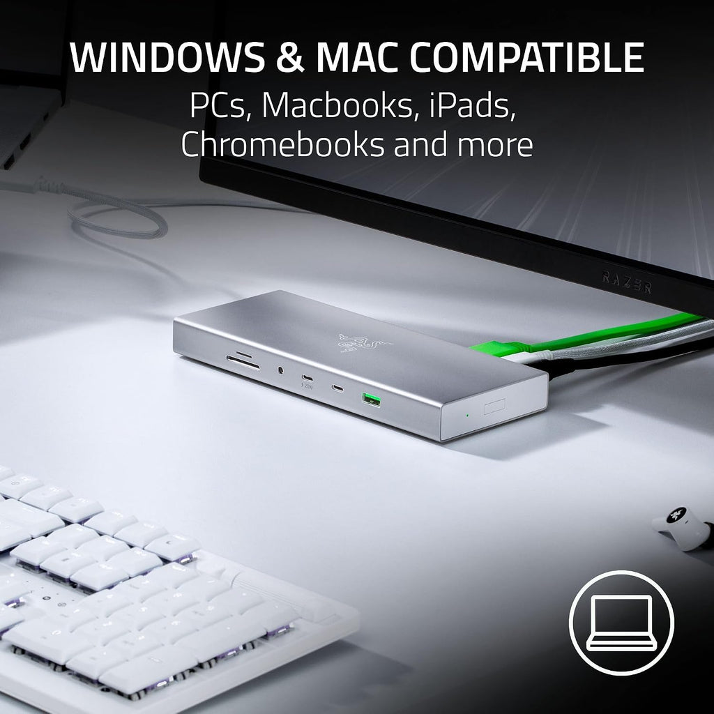 Razer USB 4 Dock: 14 Ports (Type C, Type A, HDMI, DP, Ethernet, SD, 3.5mm) - Dual Monitor Up to 4K 120 Hz - Laptop & Phone Fast Charge - Durable Lightweight Casing - Windows & Mac Compatible - Mercury
