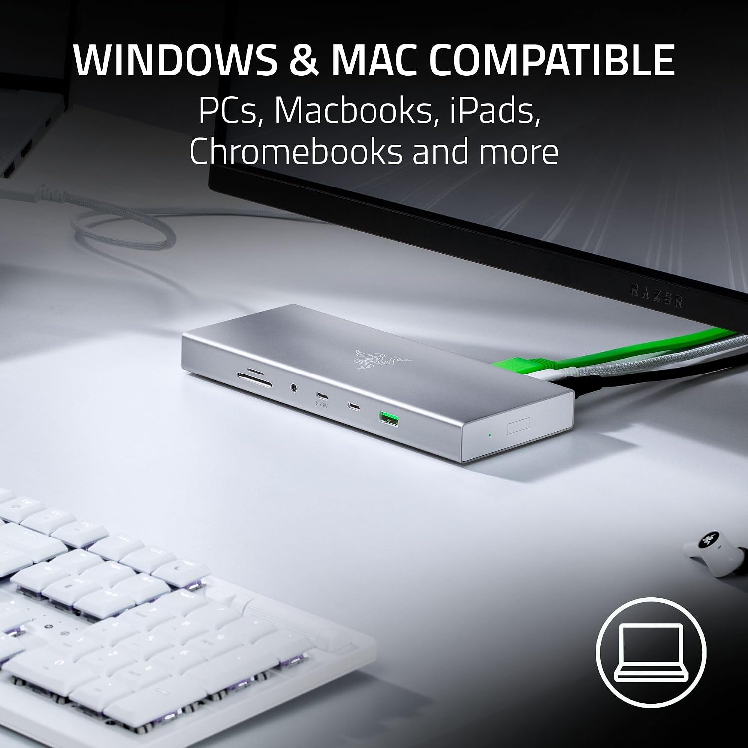 Razer USB 4 Dock: 14 Ports (Type C, Type A, HDMI, DP, Ethernet, SD, 3.5mm) - Dual Monitor Up to 4K 120 Hz - Laptop & Phone Fast Charge - Durable Lightweight Casing - Windows & Mac Compatible - Mercury