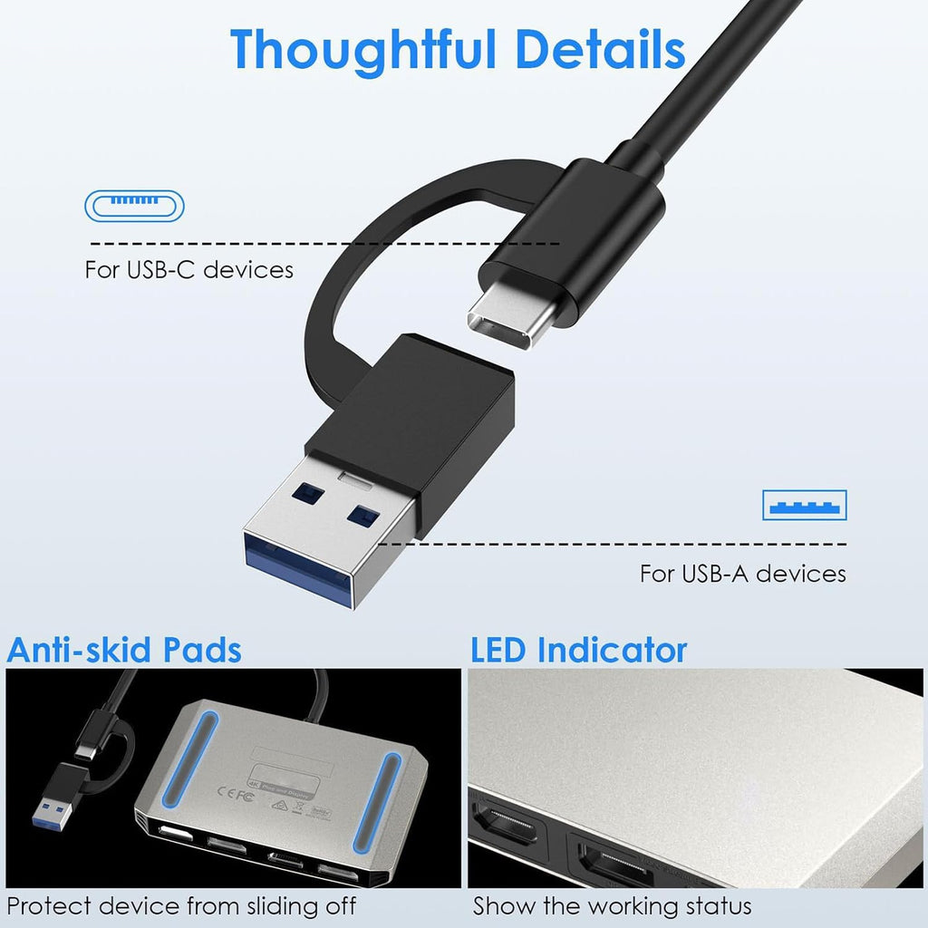 USB C and USB 3.0 to Dual 4K DisplayPort HDMI Adapter, 4K 60Hz, Monitor Splitter Extended Display for Dual Monitor, for 7 8 8.1 10 11, OS X 10.8 and Later