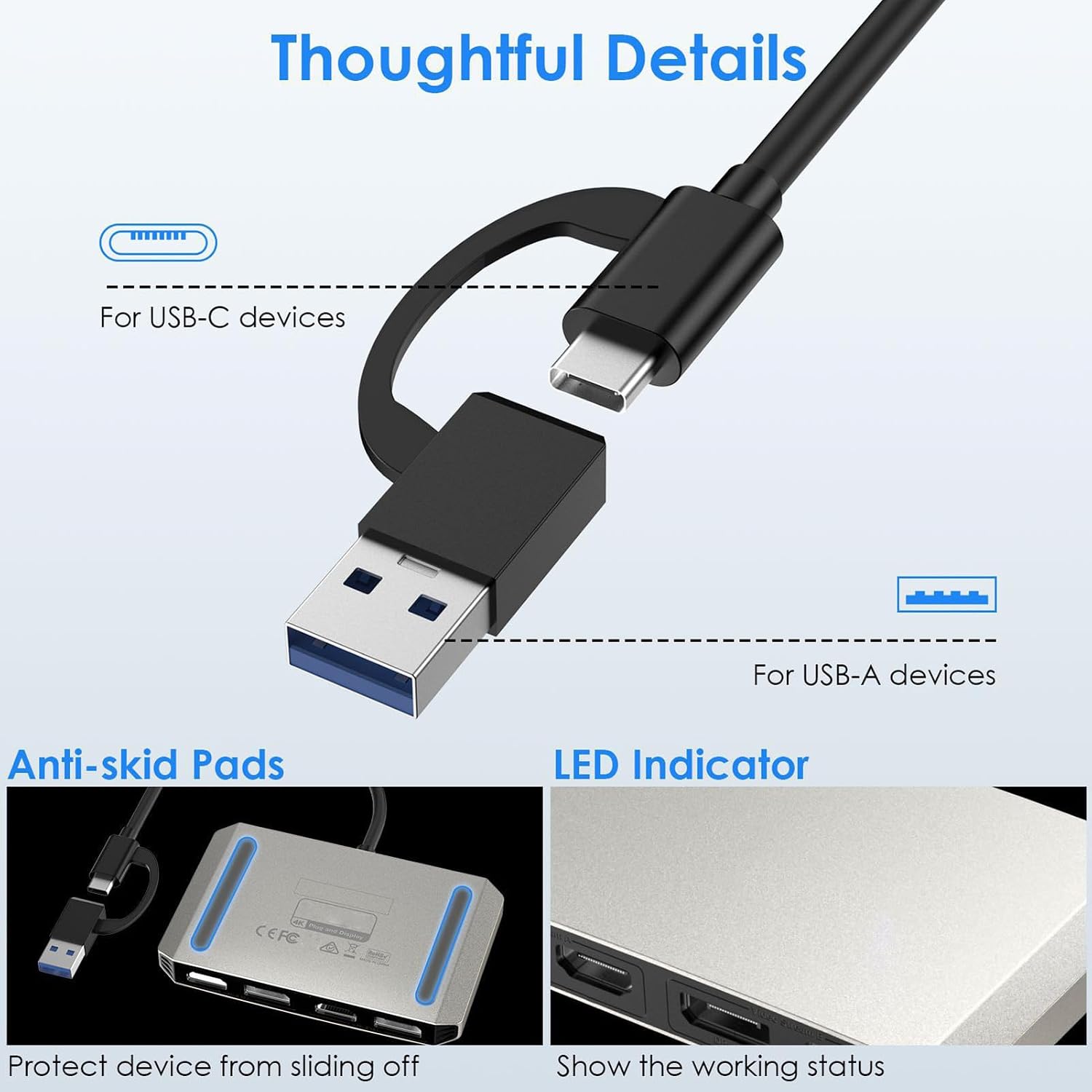 USB C and USB 3.0 to Dual 4K DisplayPort HDMI Adapter, 4K 60Hz, Monitor Splitter Extended Display for Dual Monitor, for 7 8 8.1 10 11, OS X 10.8 and Later