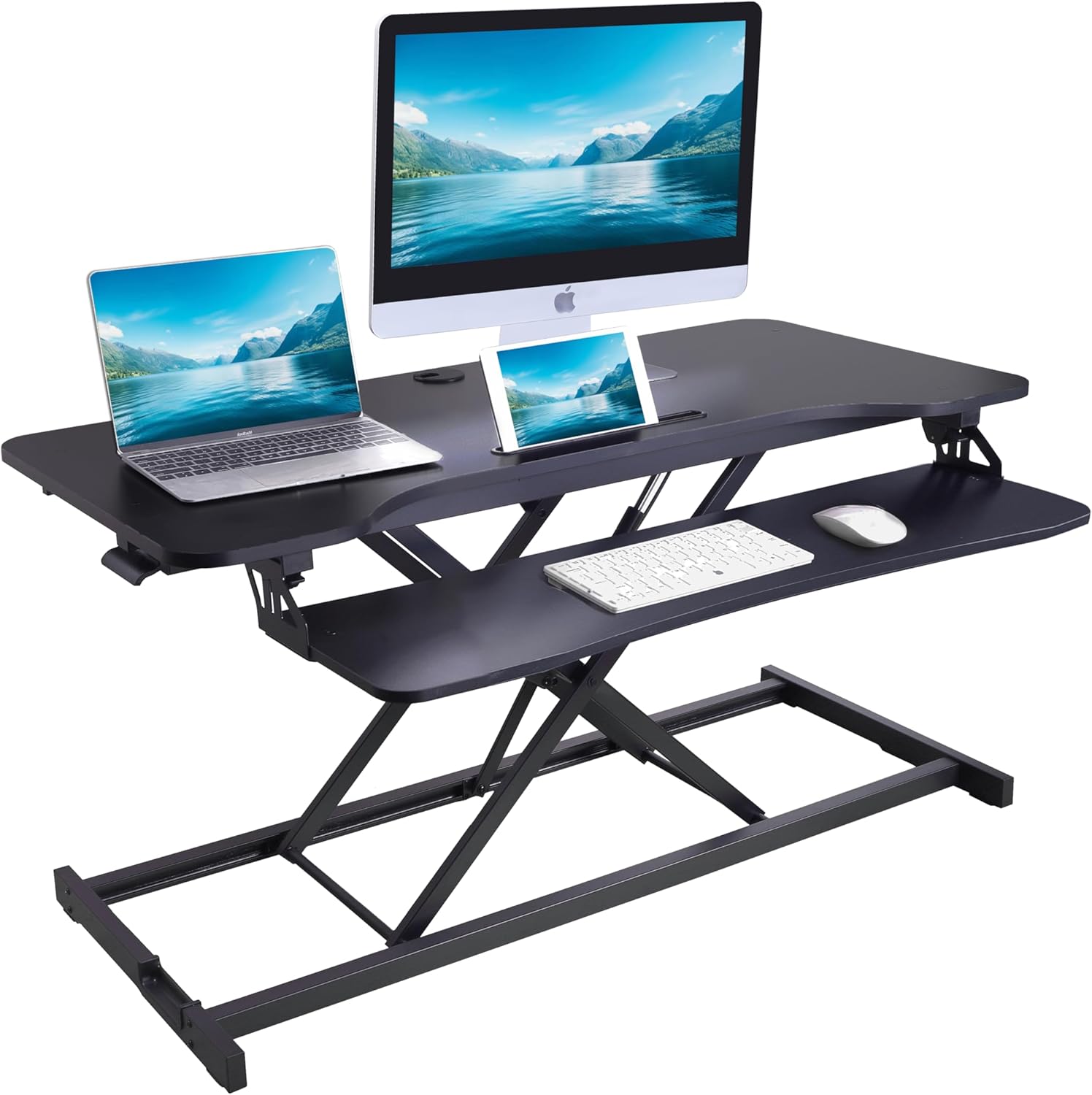 Rocelco 43' Height Adjustable Standing Desk Converter - Tall Sit Stand Up Tabletop Riser with Tablet Slot - Home Office Computer Workstation - Deep Keyboard Tray for Laptop Mouse - Black (R VADRB-43)