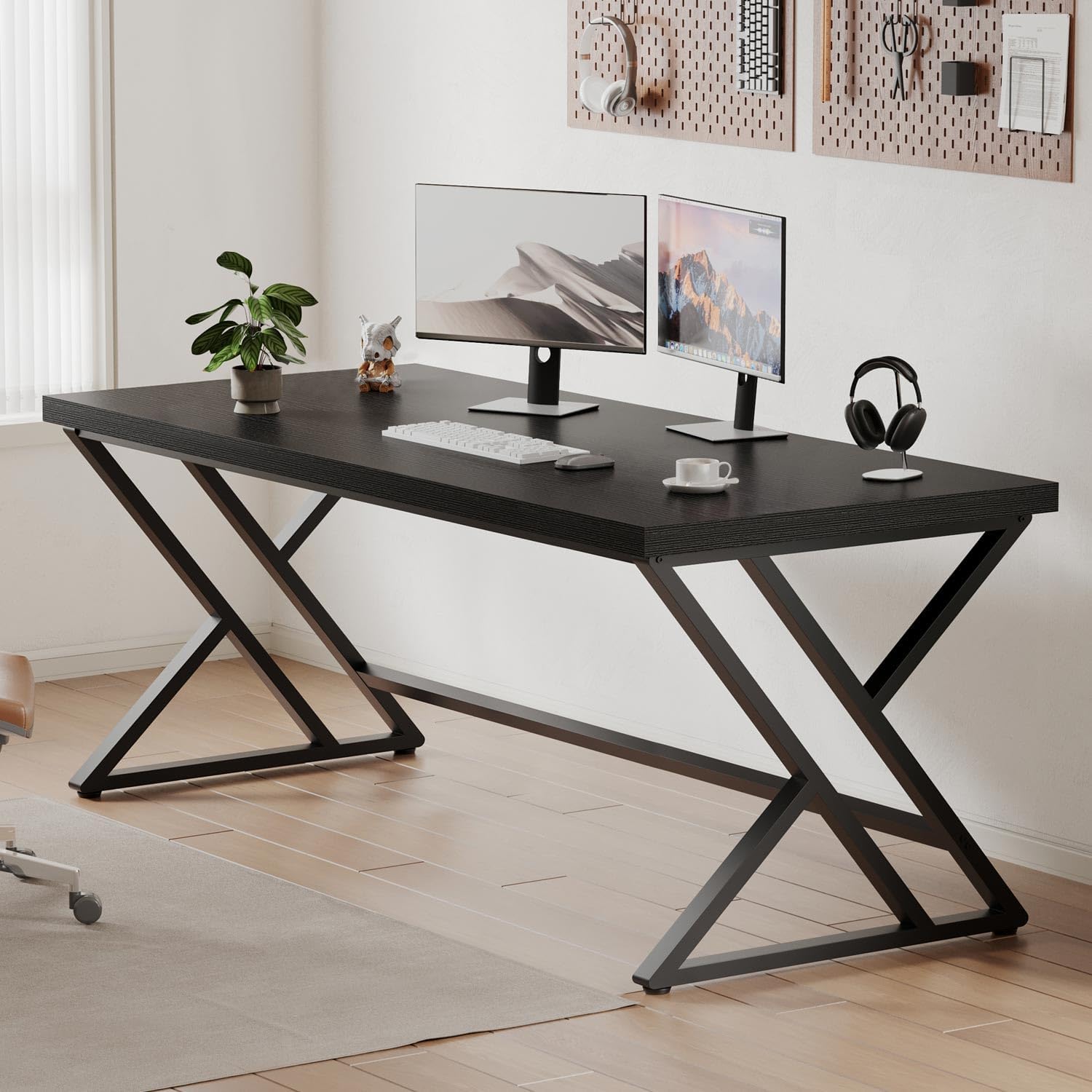 LVB Modern Black Computer Desk, Long Industrial Home Office Desk for Student, Large Metal Wood Writing Study Computer Table, Farmhouse Executive Simple Gaming PC Work Desk for Bedroom, Black, 60 Inch