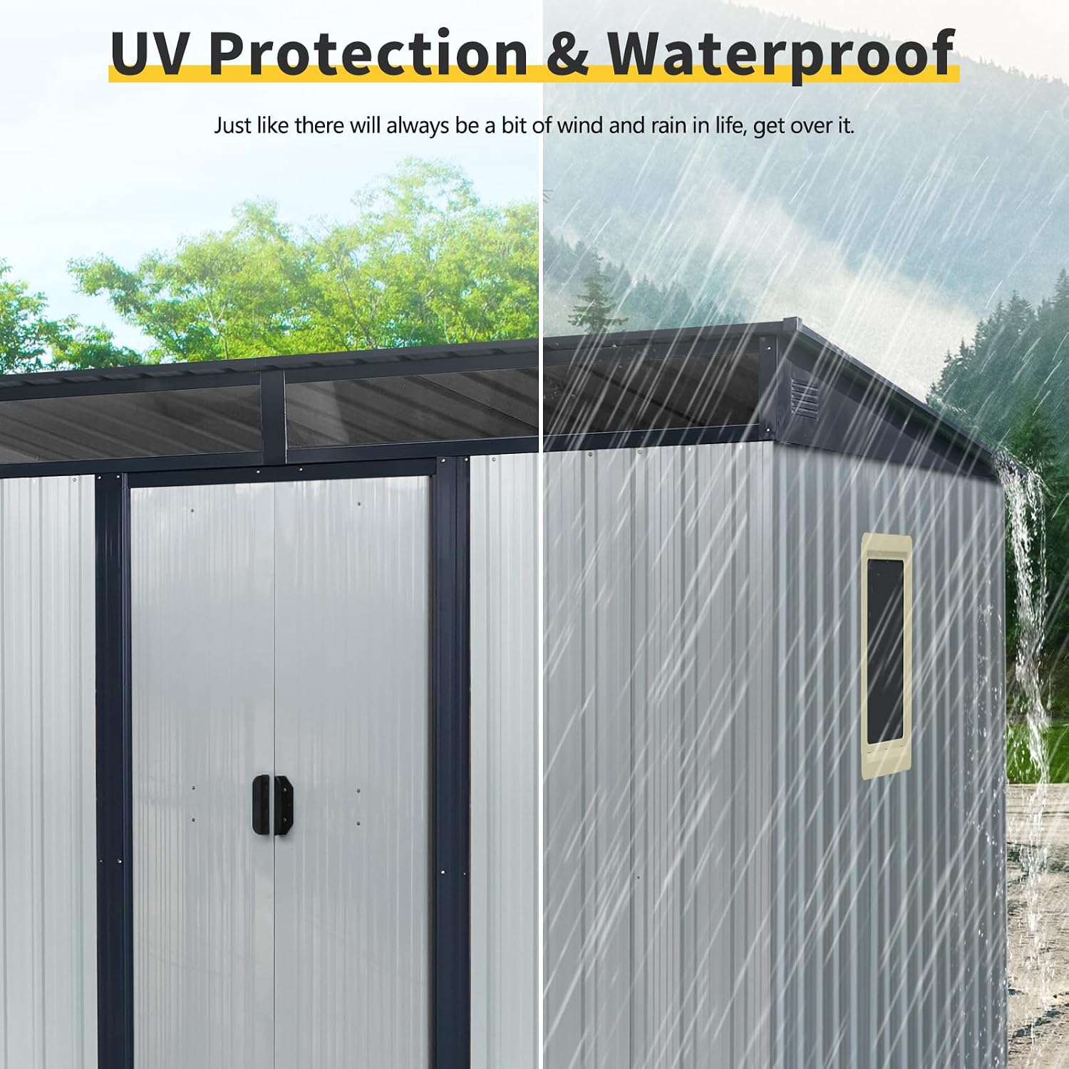 Ball & Cast 8x6 FT Outdoor Metal Storage Shed with Window and Transparent Plate,Waterproof Garden Organizer Tool Housew/Lockable Doors & Ventilation,Shelter Cabinet for Patio,Lawn,White+Black