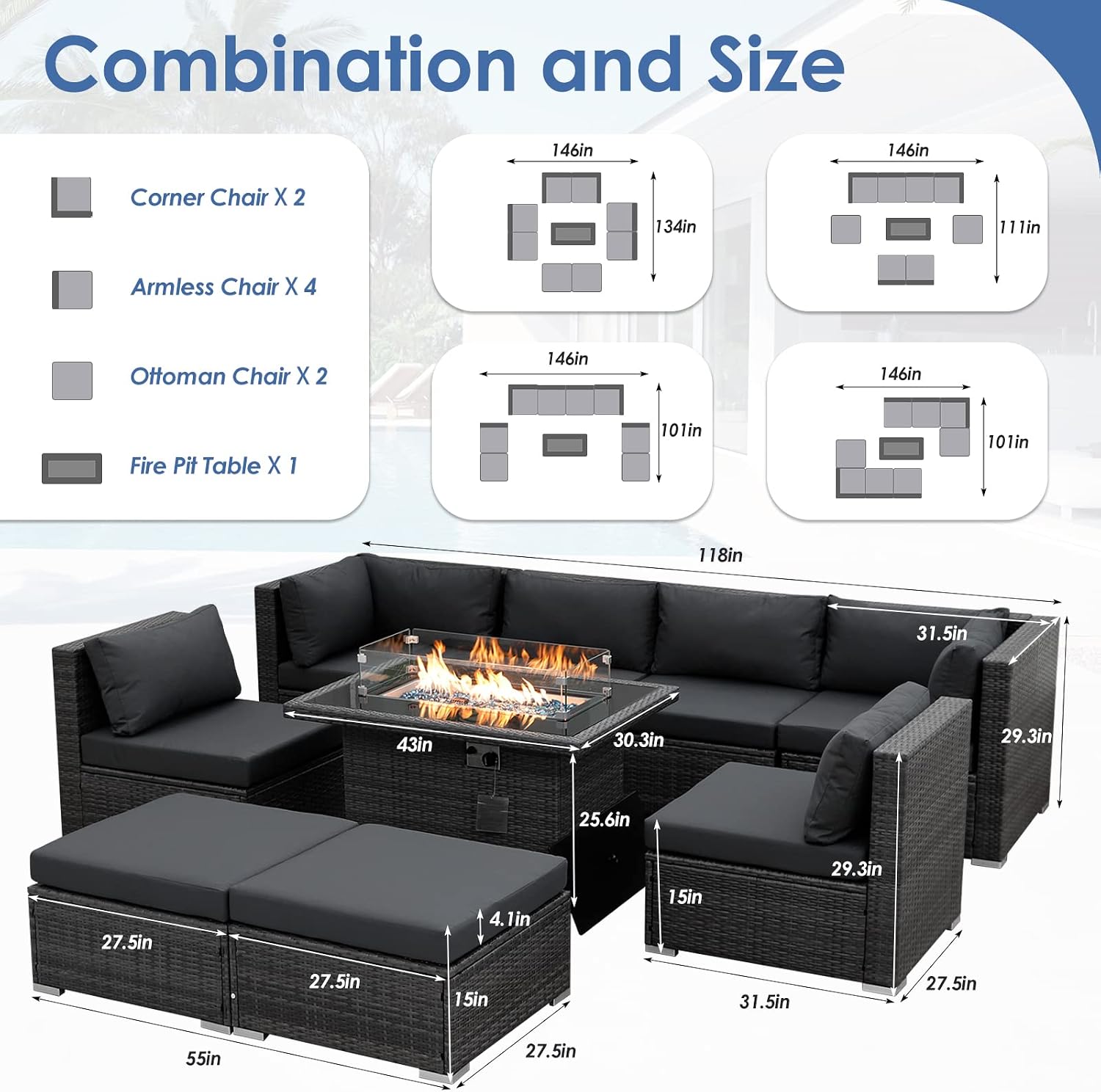 RADIATA 9 Piece Wicker Patio Furniture Set with Fire Pit, All-Weather Outdoor Sectional Couch High Back Large Size, Modular Backyard Seating Sofa Set with Propane/Natural Gas Firepit Table, Grey&Black