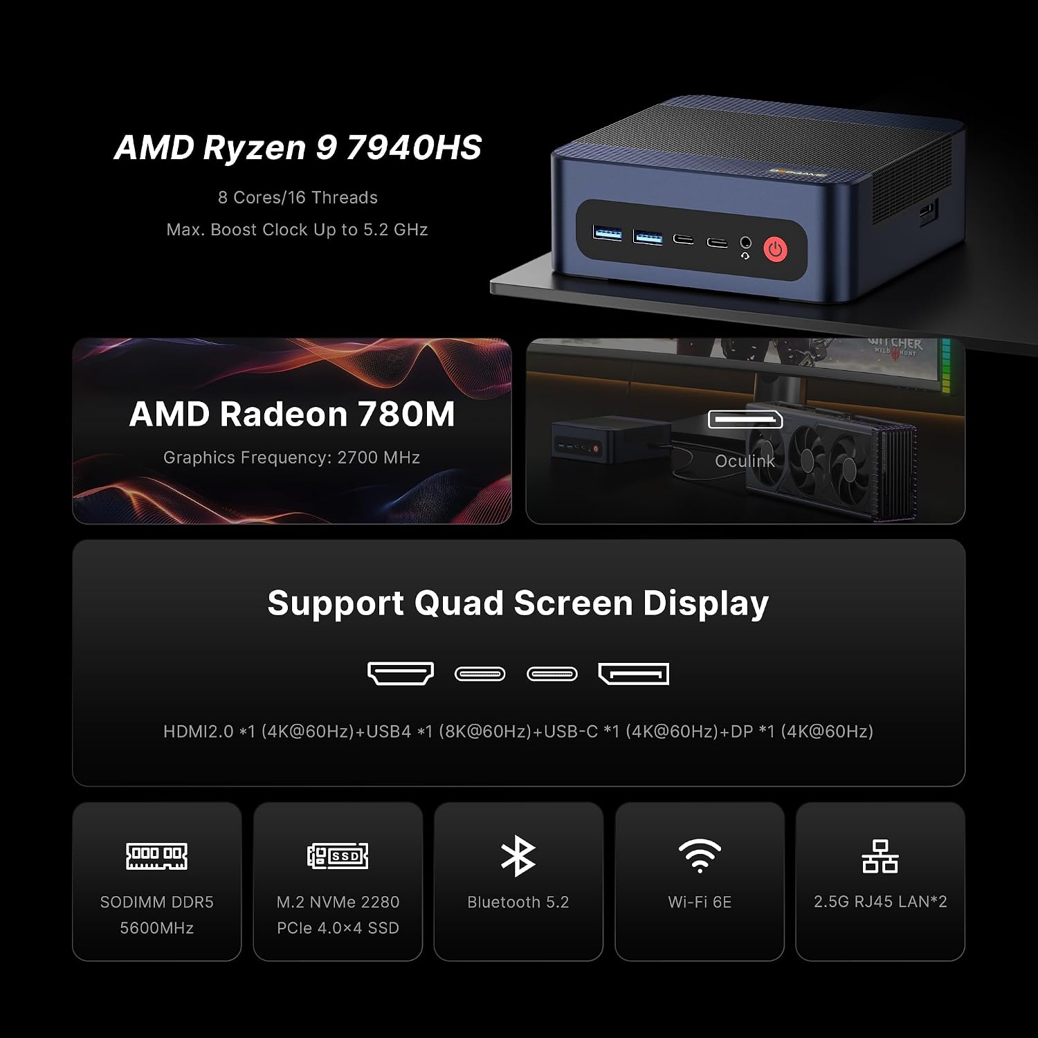 BOSGAME M4 Plus Oculink Mini Light Gaming PC, Ryzen 9 7940HS 11 Pro Mini Computers, 32GB DDR5, PCIe 4.0 x4 1TB SSD, Wi-Fi 6E AX210, Dual 2.5GbE LAN, USB 4 8K60Hz