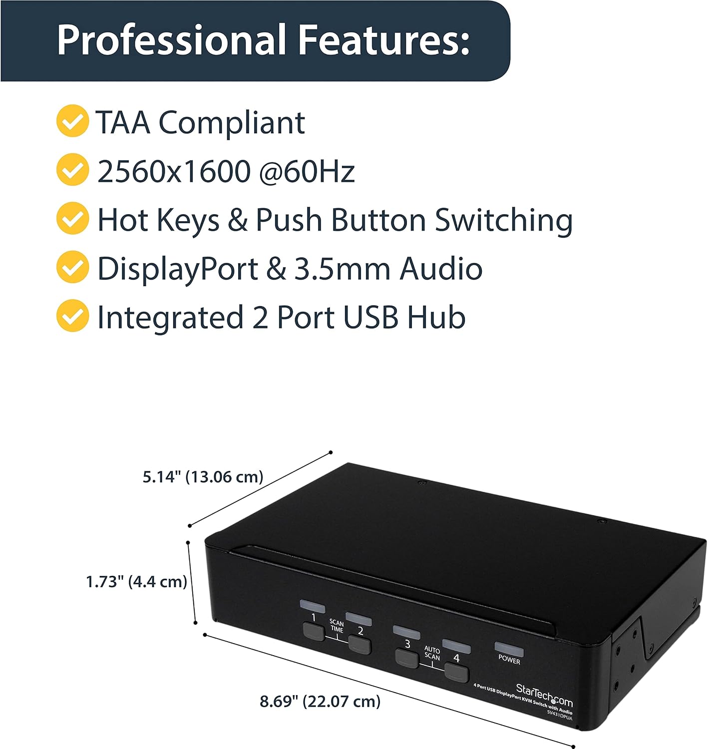 StarTech.com 4 Port DisplayPort KVM Switch w/ Audio - USB, Keyboard, Video, Mouse, Computer Switch Box for 2560x1600 DP Monitor , TAA (SV431DPUA)