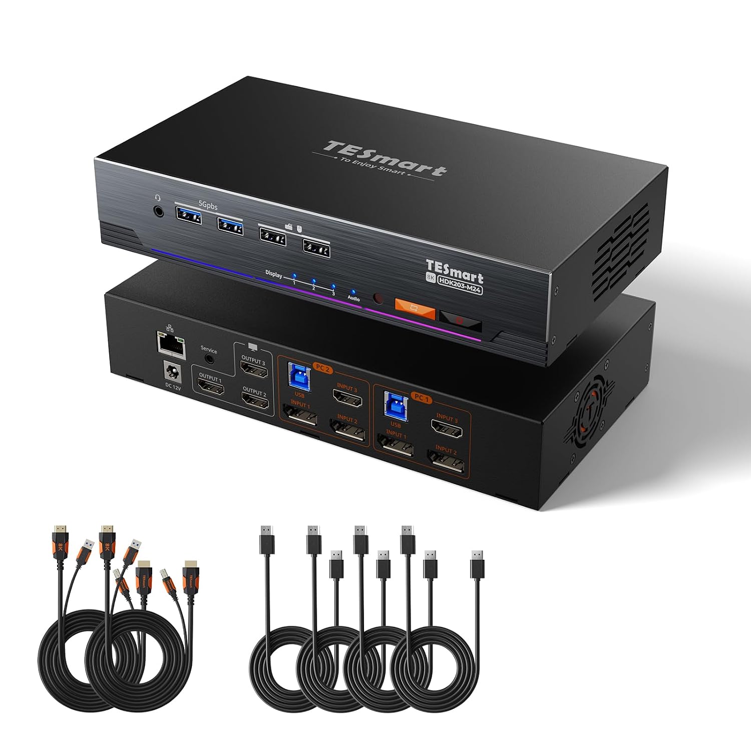 TESmart 4K@144Hz Displayport + HDMI KVM Switch 3 Monitors 2 Computers USB 3.0, HDMI 2.1&DP 1.4 KVM Switch Triple Monitors 8K@60Hz Gaming, Support EDID, Gigabit Network, VRR, All Input Cables Included