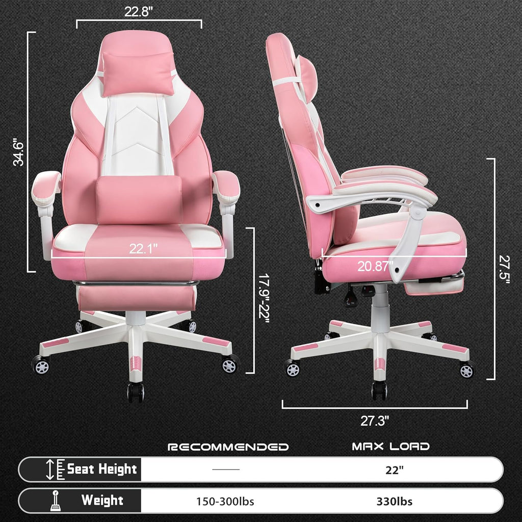 Big and Tall Gaming Chair for Adults, 330lbs Heavy Duty Computer Chair with Footrest & Massage Lumbar Support, Wide Seat High Back Reclining Desk Chair, 360° Swivel, Pink
