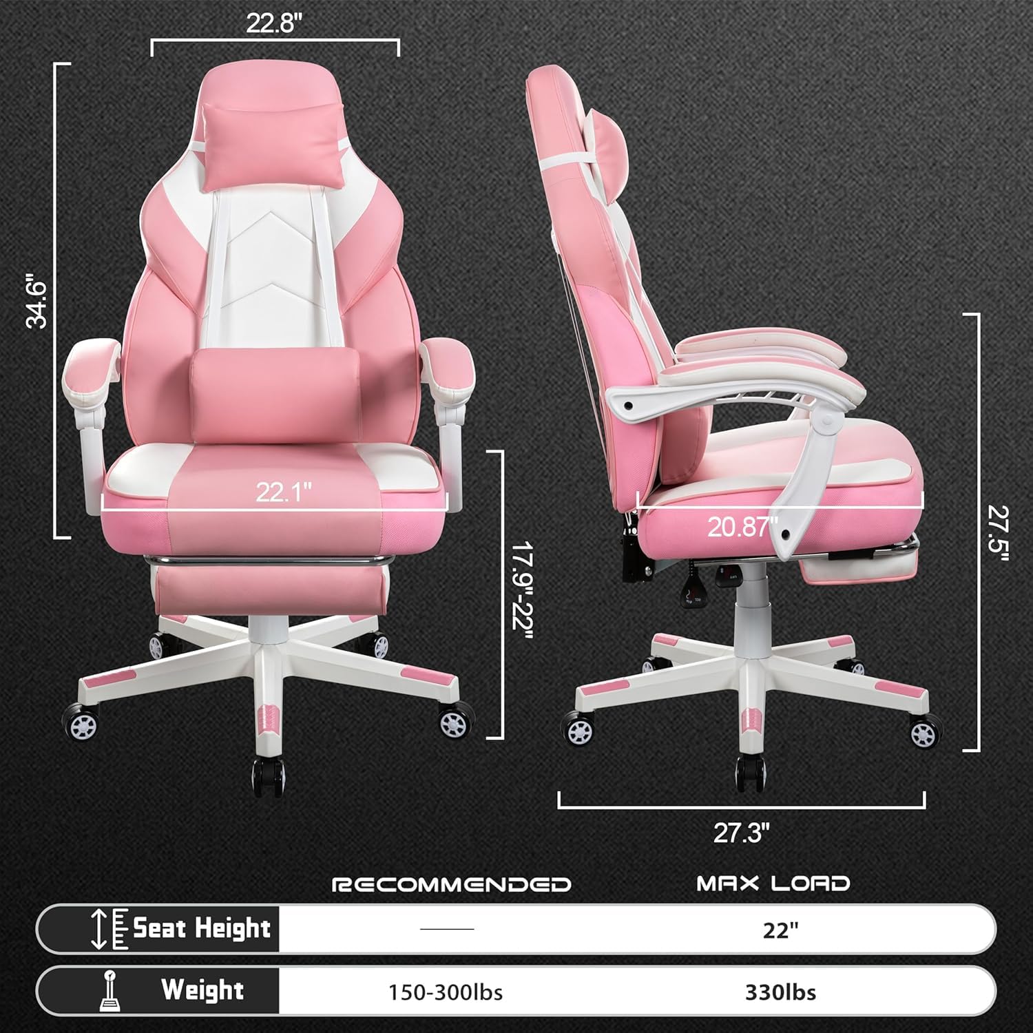 Big and Tall Gaming Chair for Adults, 330lbs Heavy Duty Computer Chair with Footrest & Massage Lumbar Support, Wide Seat High Back Reclining Desk Chair, 360° Swivel, Pink