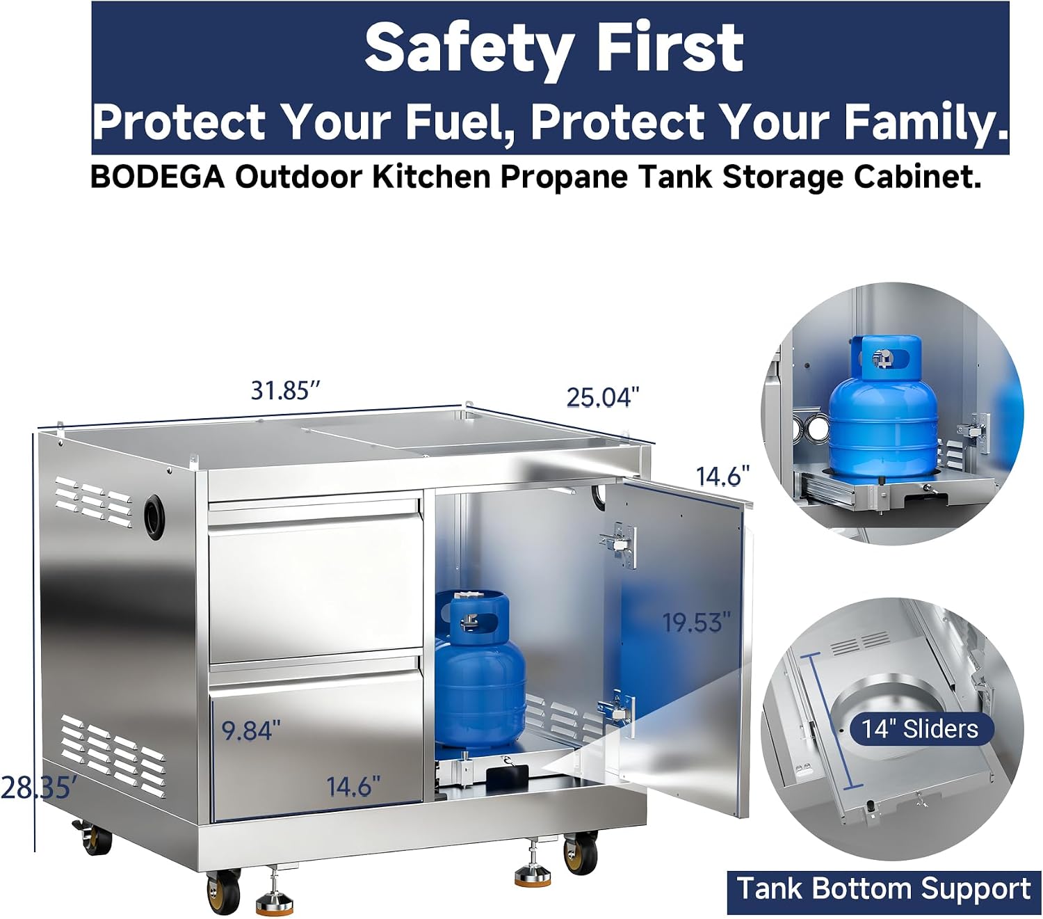 BODEGA Stainless Steel Outdoor Kitchen Drawer Cabinet for 30 inch Propane Gas Grill with 2 Drawers and Propane Tank Storage, Commercial Sinks Cabinet Combo perfect for Outdoor Kitchen BBQ Island.
