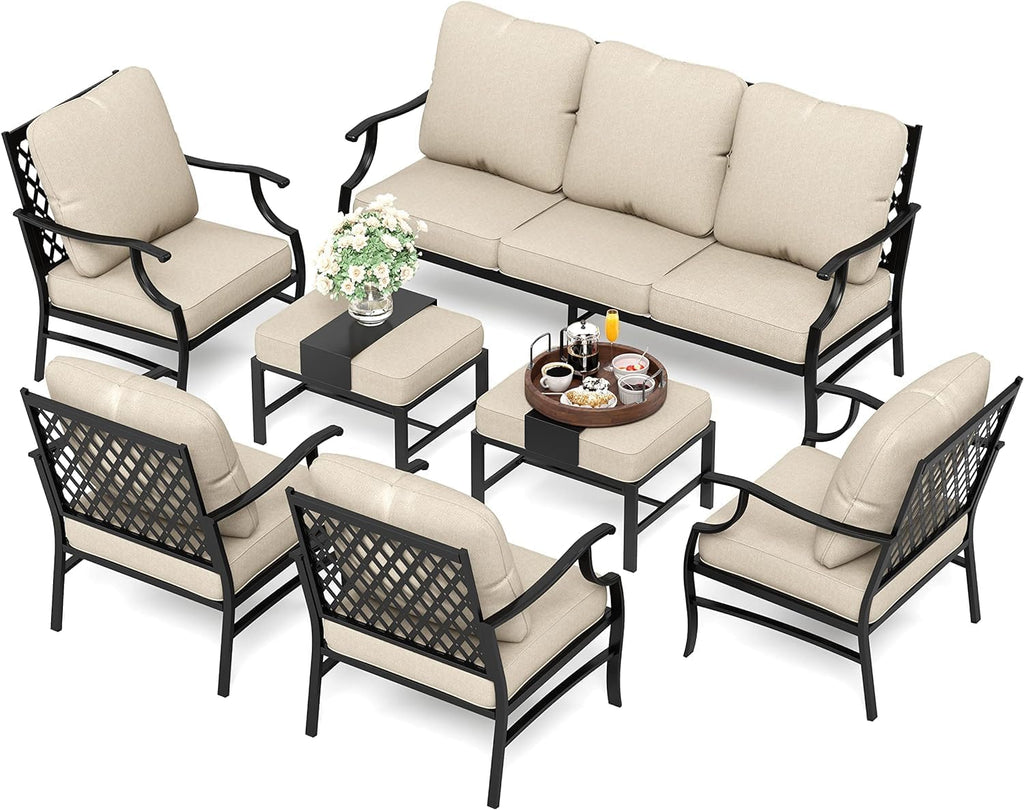 HERA'S HOUSE 7 Piece Patio Furniture Set, 4 x Fixed Metal Cushioned Chair, 2 x Cushioned Ottoman, 1 x 3-Seat Sofa, Outdoor Conversation Set for Lawn Garden Backyard Poolside