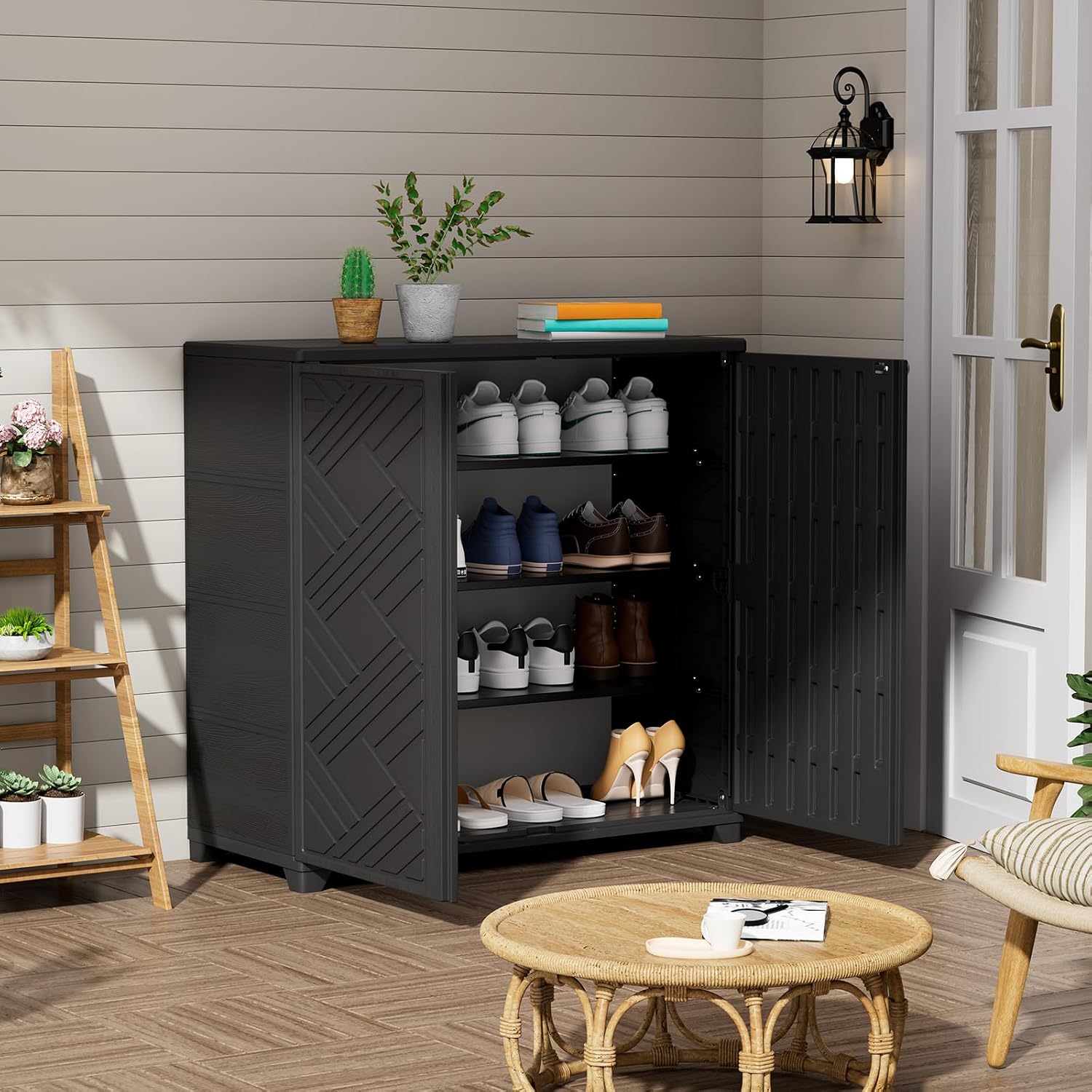 ZZM Indoor/Outdoor Storage Cabinet Waterproof, 34'x15'x34' Plastic Outdoor Storage Box for Garden Balcony Bathroom, All Weather Outdoor Storage Clearance, DIY Usage, with 2 Shelf (Black)