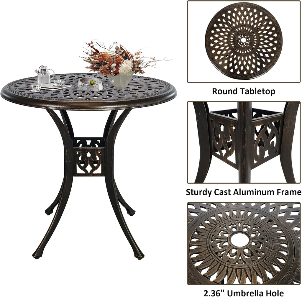 3 Piece Outdoor Dining Set,Cast Aluminum Bistro Set with Umbrella Hole, All Weather Patio Furniture Set, Small Patio Dining Set for Garden/Balcony/Deck, Bronze