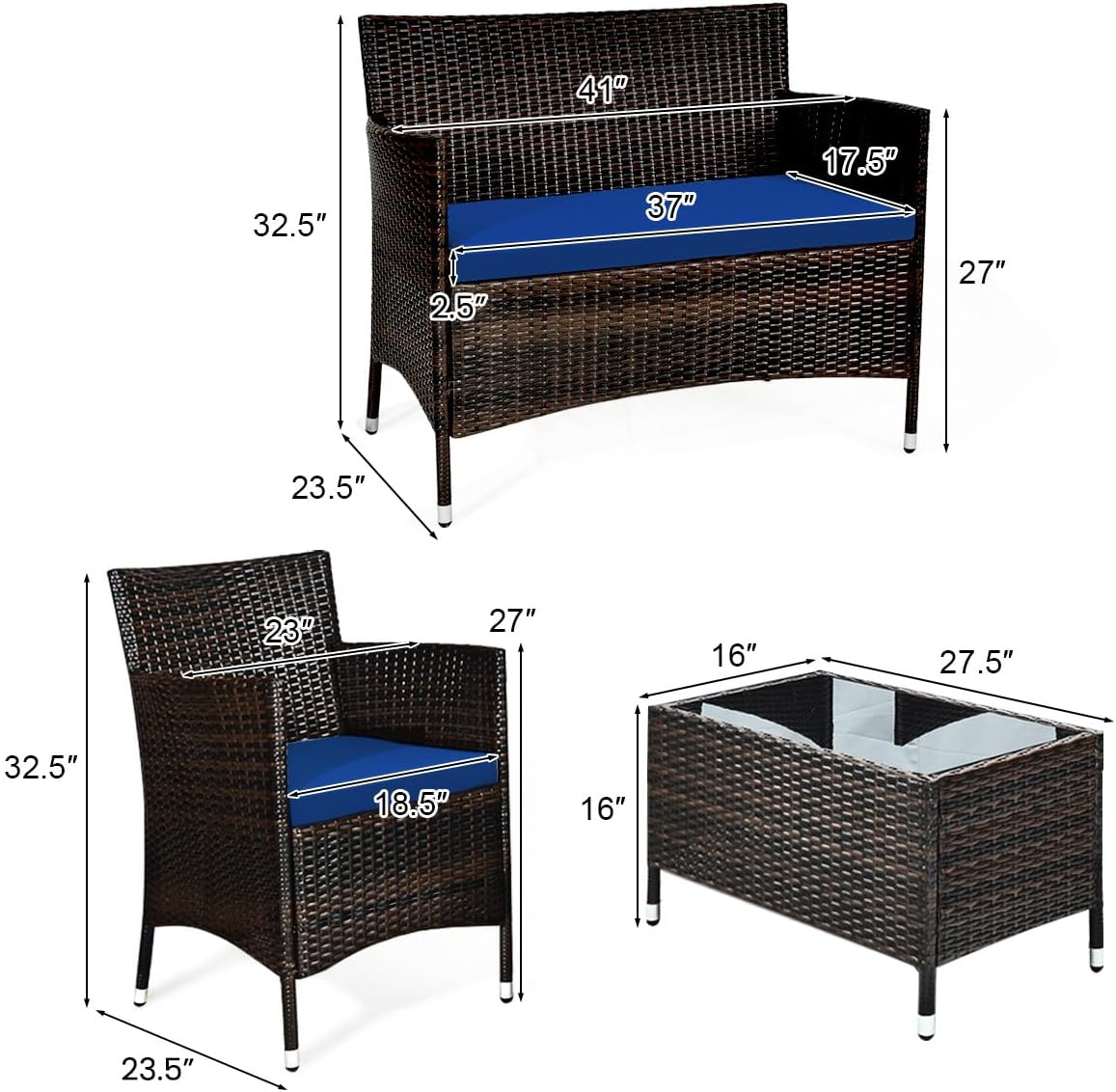COSTWAY 8PCS Rattan Patio Furniture Set, Outdoor Wicker Rattan Chairs with Coffee Table, Rattan Cushioned Conversation Set for Backyard Balcony Porch Poolside, Navy