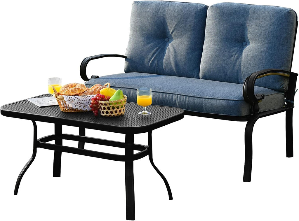 Tangkula Patio Loveseat with Table Set, 2 Seat Cushioned Sofa with Coffee Table, Patio Conversation Sofa Set with Rustproof Frame, 2 Pieces Outdoor Furniture Set for Garden, Poolside, Balcony (Blue)