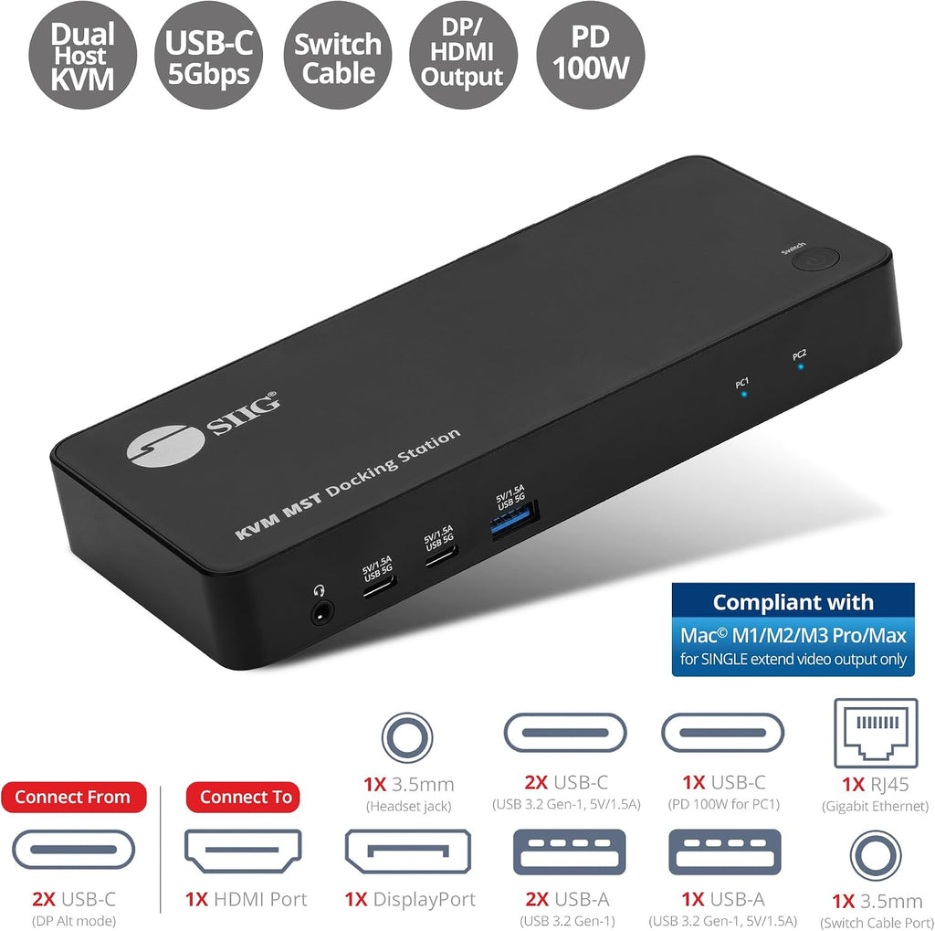 SIIG 2-Port USB-C KVM Docking Station with PD 65W, for 2 Monitors 2 Computers, MST Technology, 1x HDMI 1x DisplayPort, Gigabit Ethernet, Headset Jack (CE-DK0111-S1)