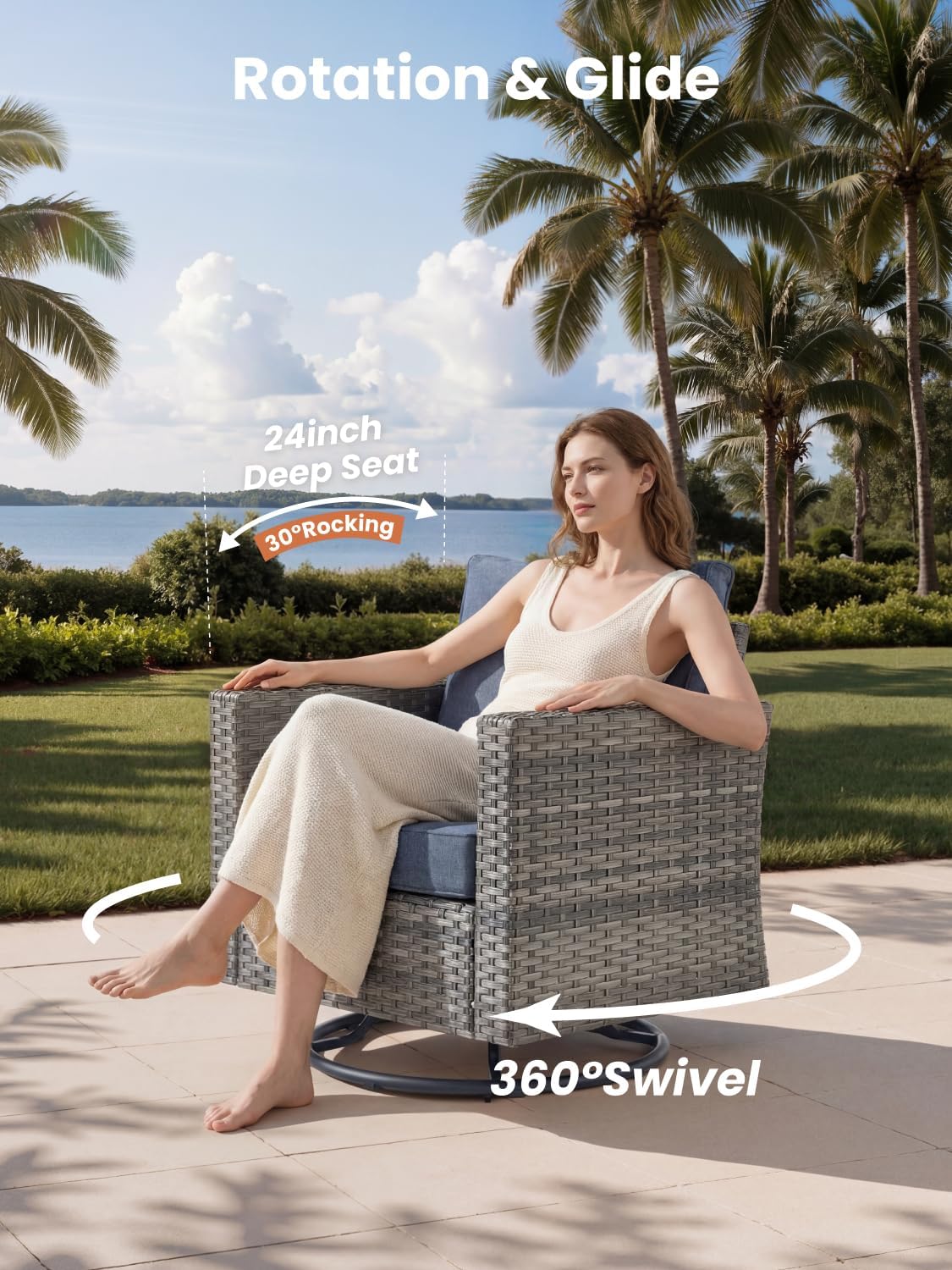 ovios Outdoor 9 Piece Coversation Set with Swivel Rocking Chair,Sectional Patio Furniture Set with All-Weather Wicker Sofa,Modern Outside Couch for Balcony Backyard Pool, Blue