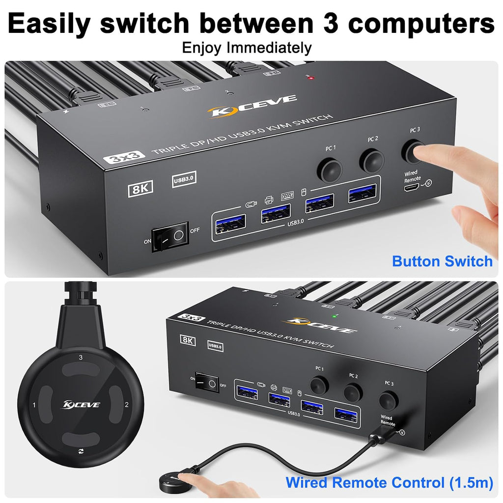 KVM Switch 3 Monitors 3 Computers 8K@60Hz, Camgeet HDMI+2 Displayport KVM Switch Triple Monitor for 3 Computer Share 3 Monitor and 4 USB3.0 Devices,Wired Remote and 12V Power Adapter Included