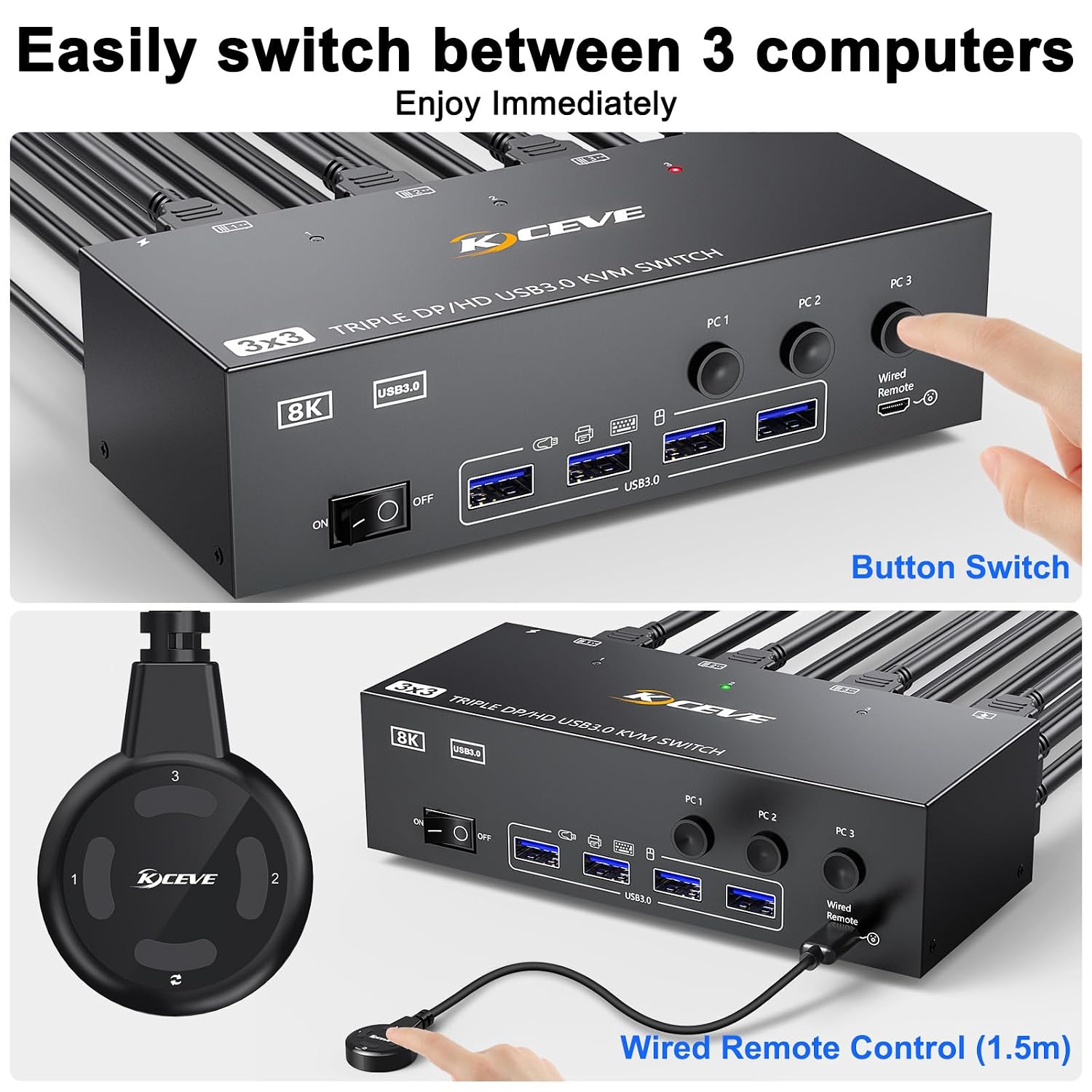 KVM Switch 3 Monitors 3 Computers 8K@60Hz, Camgeet HDMI+2 Displayport KVM Switch Triple Monitor for 3 Computer Share 3 Monitor and 4 USB3.0 Devices,Wired Remote and 12V Power Adapter Included