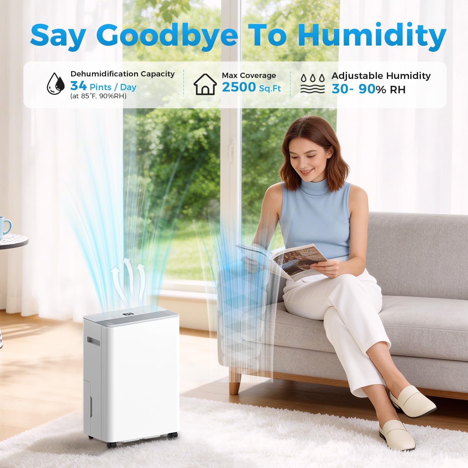 2500 sq.ft Dehumidifier for Home and Basement,Max 34 Pints Dehumidifier with Drain Hose,Ultra Quiet with Auto Defrost,Three Modes,Intelligent Dehumidifier for Bedroom,Bathroom,Large Room(White)