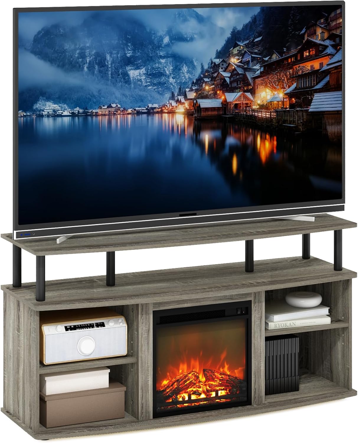 Furinno Jensen Fireplace TV Stand, Entertainment Center, TV Console for TV up to 55 Inch with Fireplace and Open Shelving Storage, for Living Room, Bedroom, French Oak Grey