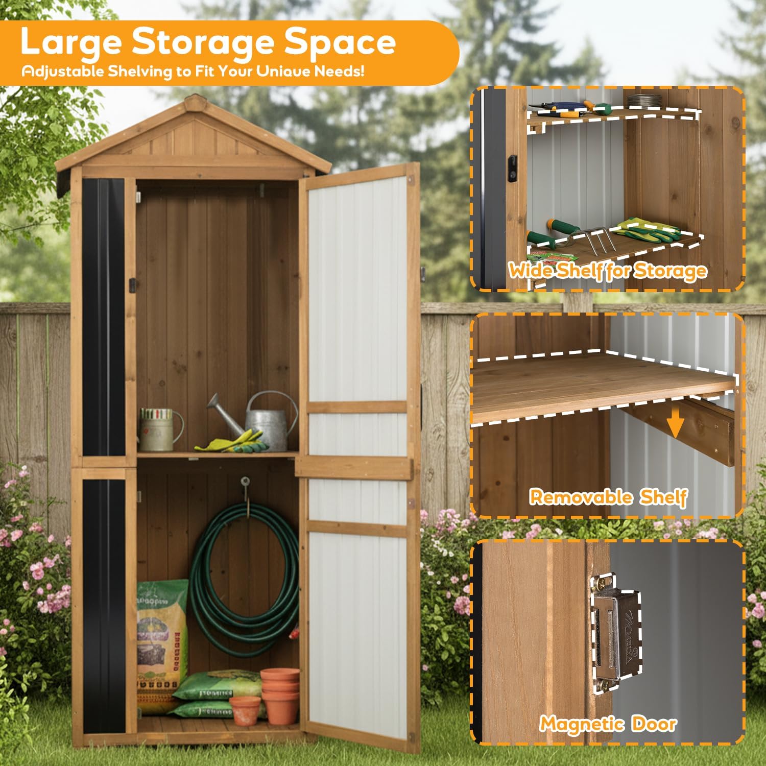 Outdoor Storage Cabinet, Wood & Metal Garden Shed with Waterproof Asphalt Roof, Patio Organizer with 3 Fixed Shelves & Removable Shelf for Long Tools, Lockable Magnetic Doors for Backyard Garage Pool