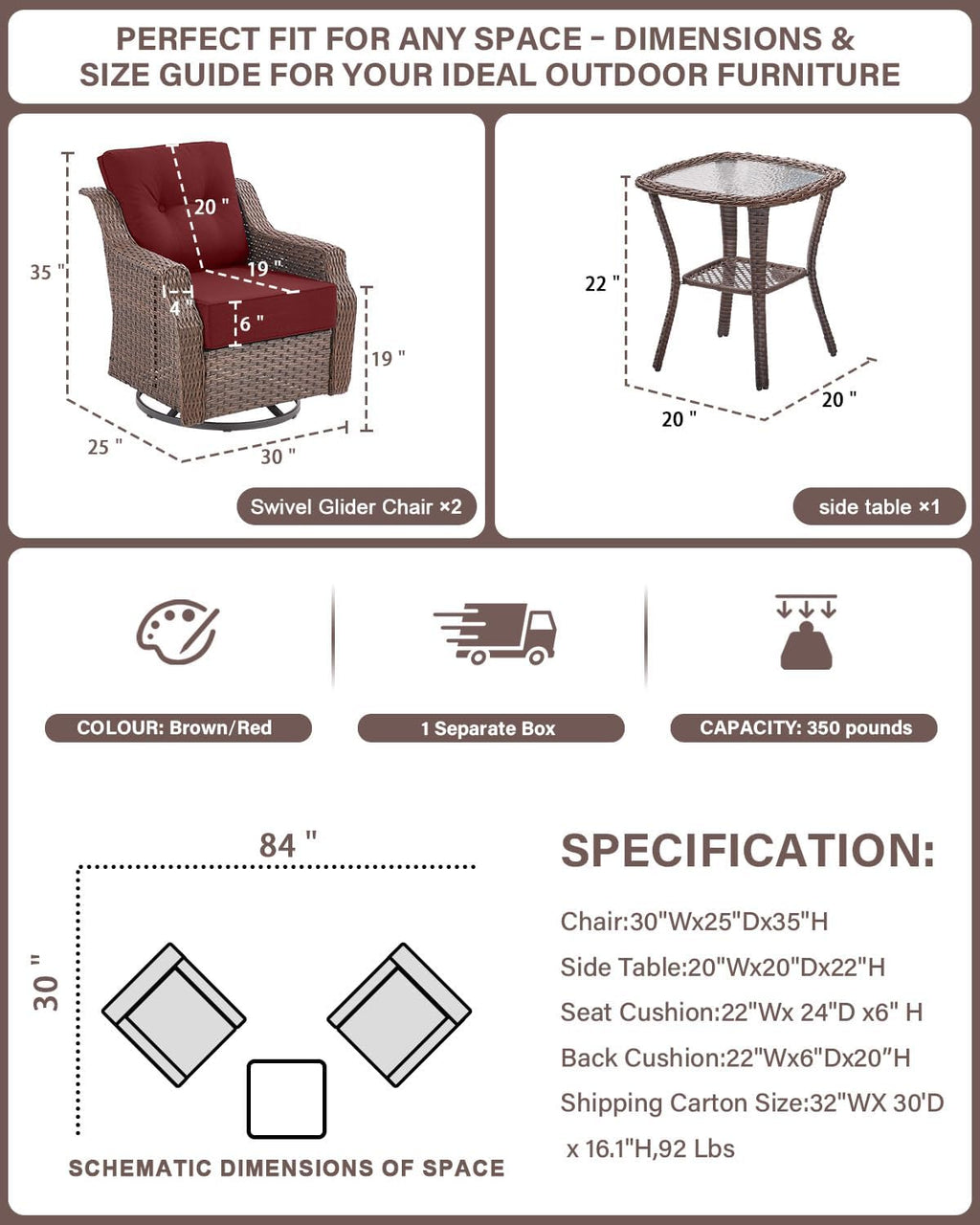 Belord 6' Thick Cushion Outdoor Swivel Rocker Patio Chairs Set of 2,3 Piece Wicker Patio Bistro Set with Side Table and Comfort High Back Outdoor Patio Glider Chair Brown Wicker/Red Cushion