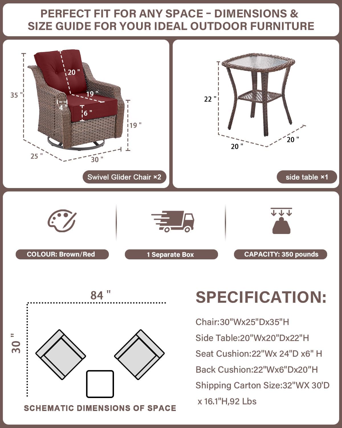 Belord 6' Thick Cushion Outdoor Swivel Rocker Patio Chairs Set of 2,3 Piece Wicker Patio Bistro Set with Side Table and Comfort High Back Outdoor Patio Glider Chair Brown Wicker/Red Cushion
