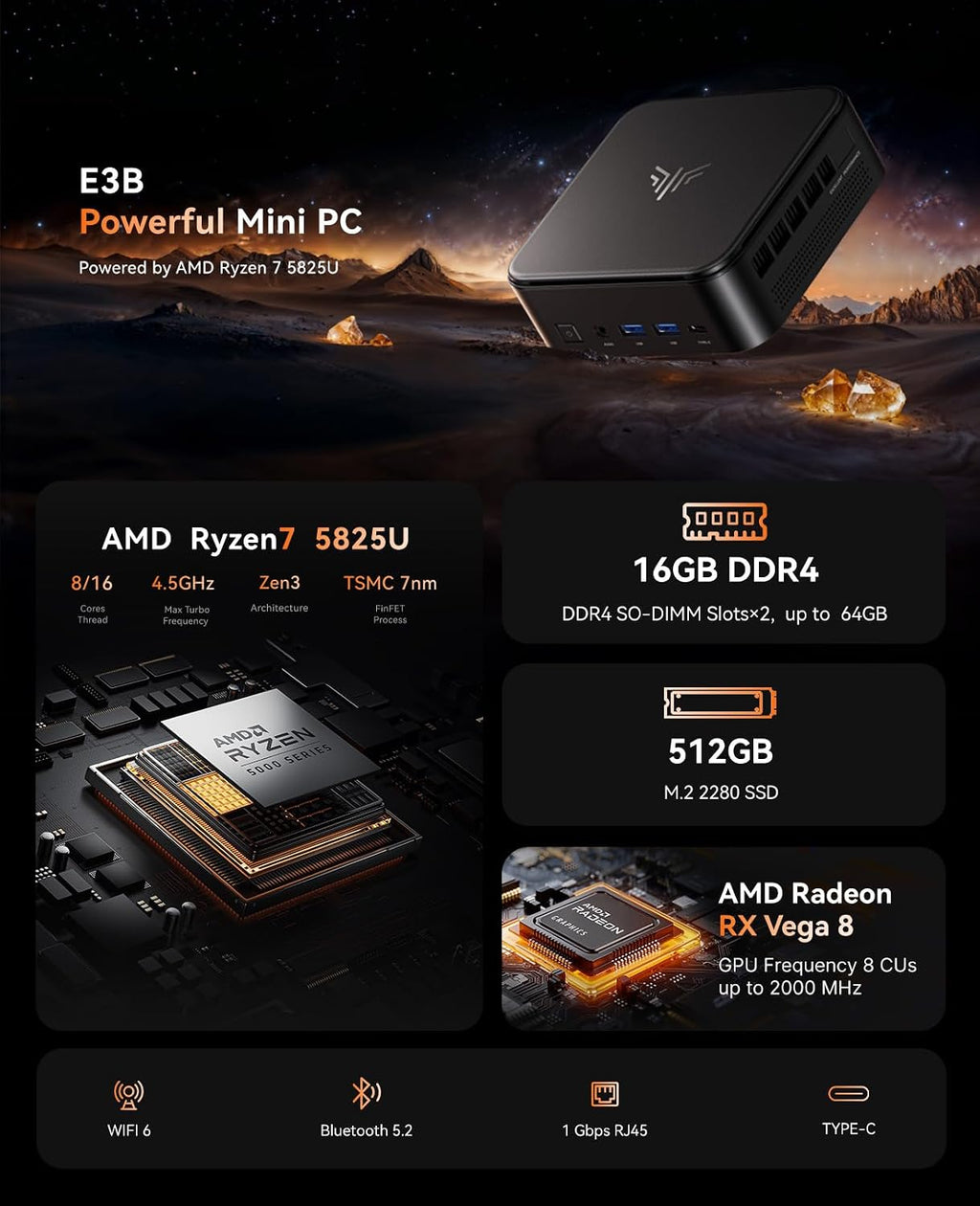 KAMRUI E3B Mini PC, Desktop Computer with 16GB DDR4 RAM 512GB SSD, WiFi 6, Bluetooth 5.2, 4K Triple Display, Full-Function USB-C, 4X USB-A, Ethernet, High-Performance Office PC